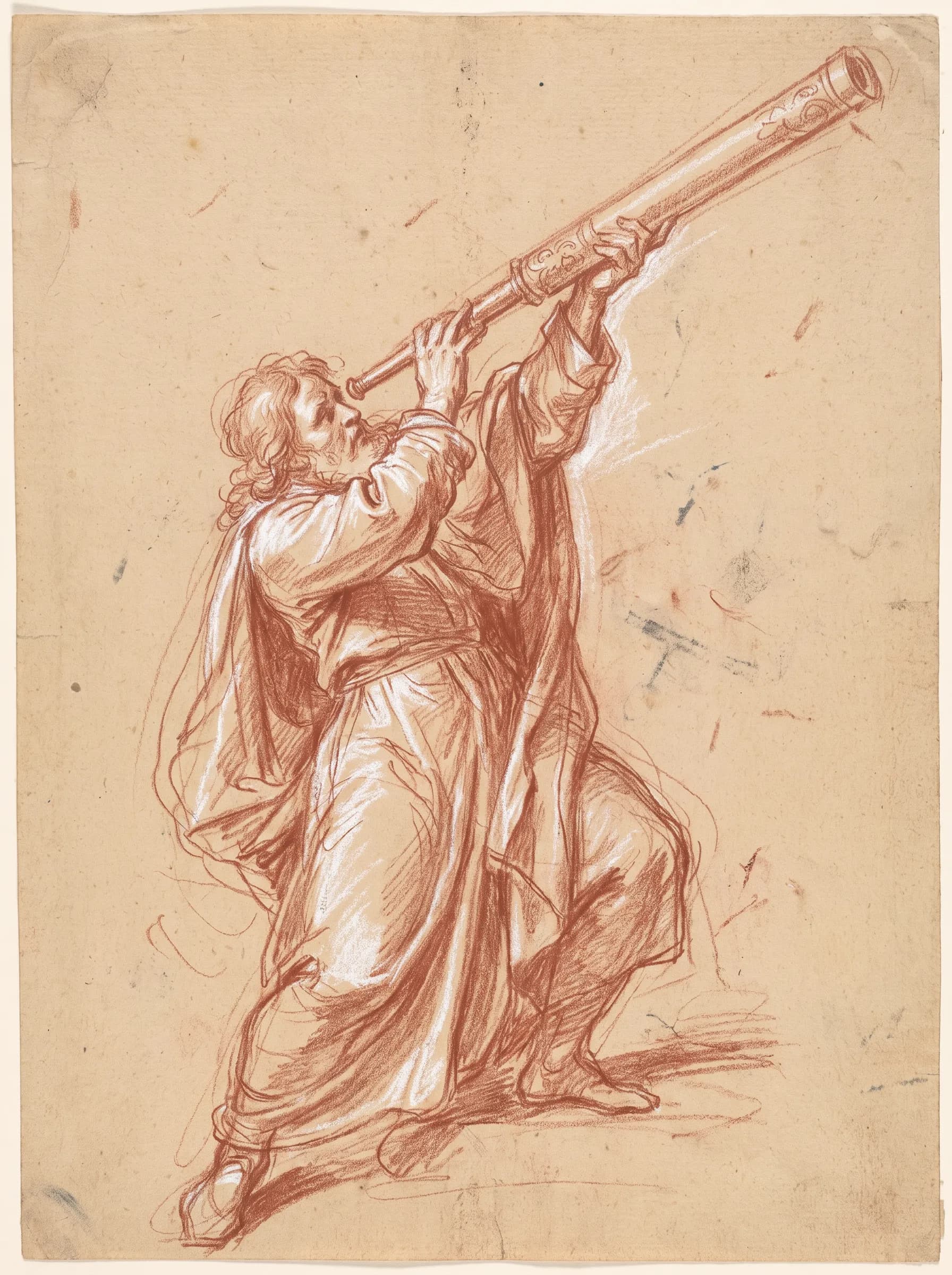 Red and white chalk study of an astronomer lifting a telescope, baroque art style