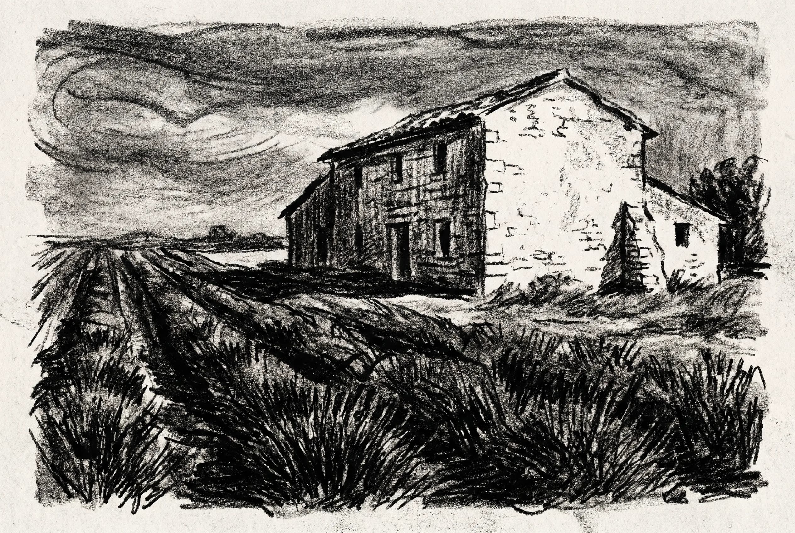 Black and white crayon lithograph of a farmhouse and lavender field, Van Gogh art style