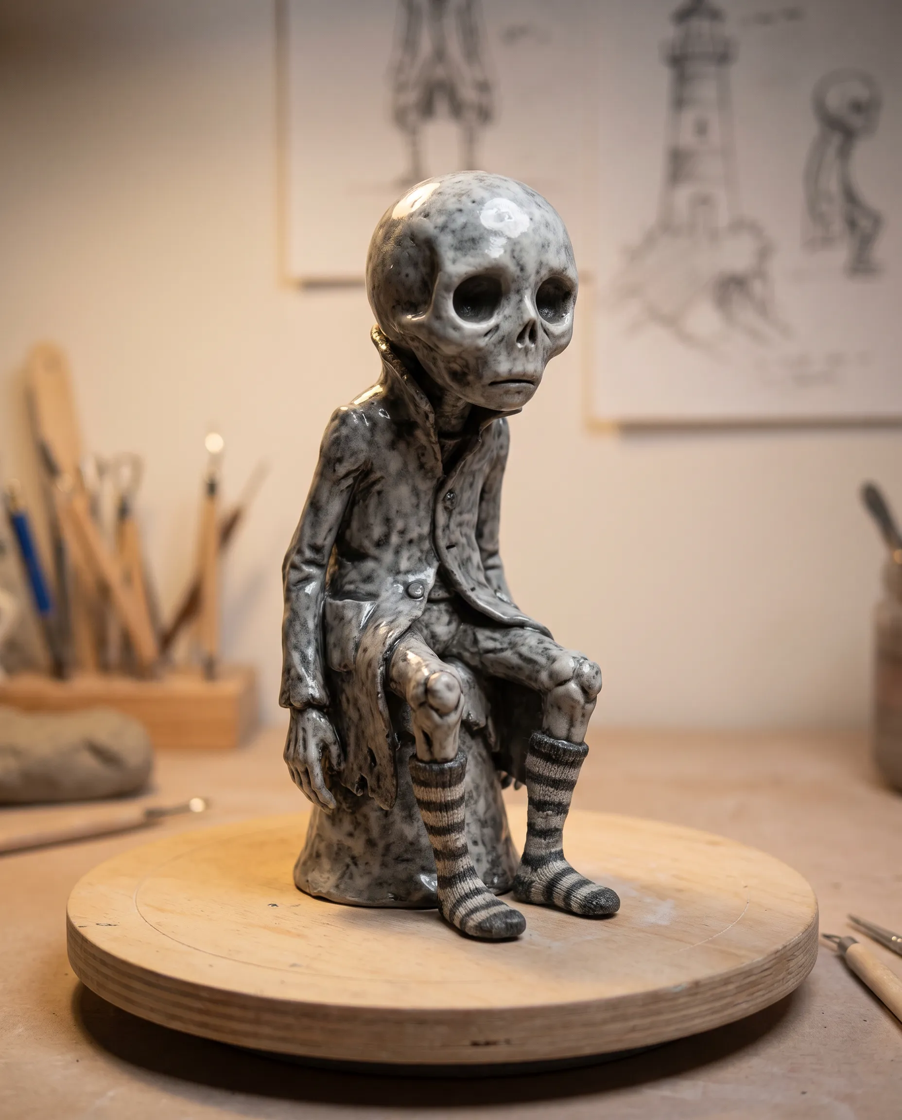 Sculpted clay maquette of a gangly lighthouse keeper with a big round head