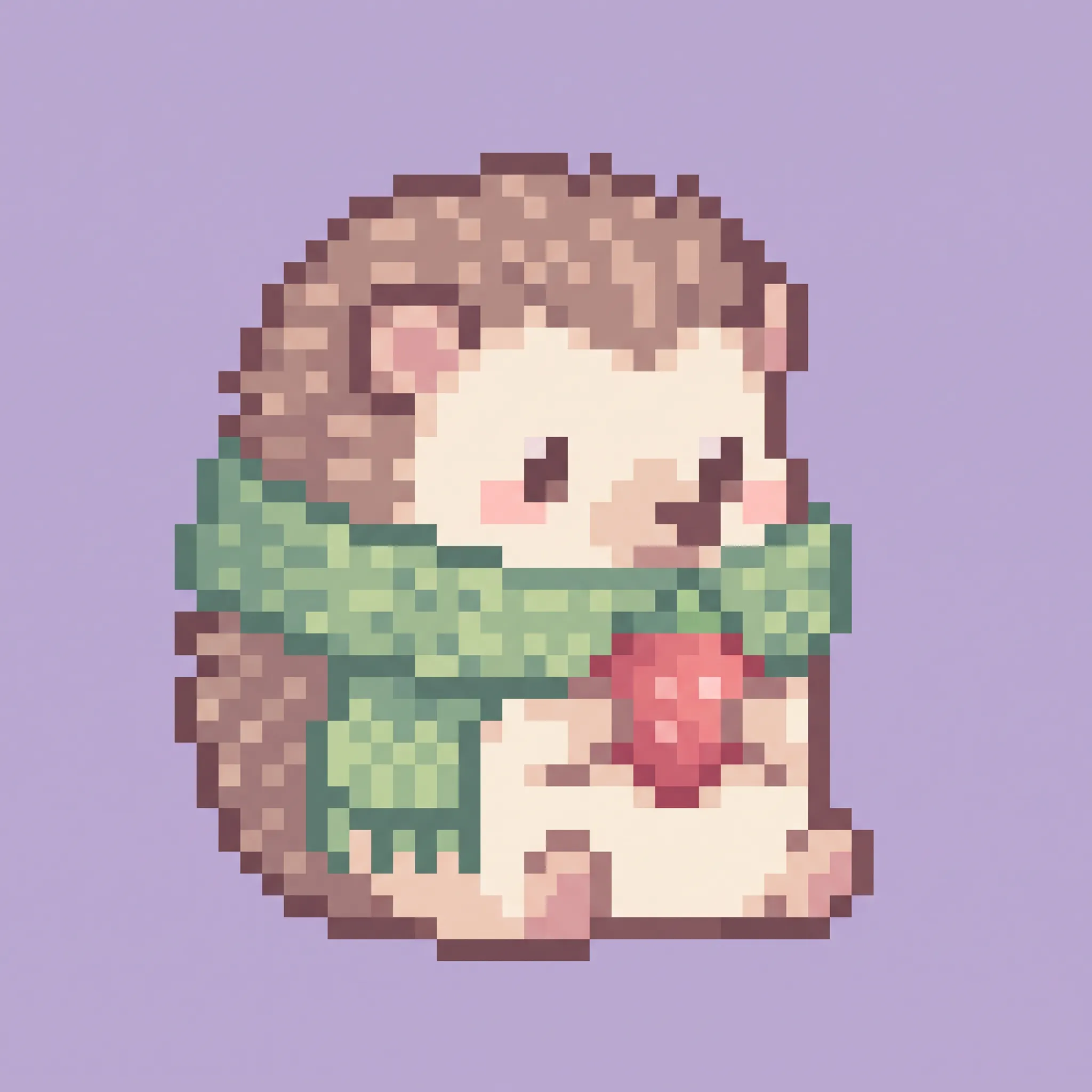 Pastel pixel art sprite of a little hedgehog in a knitted green scarf holding a strawberry