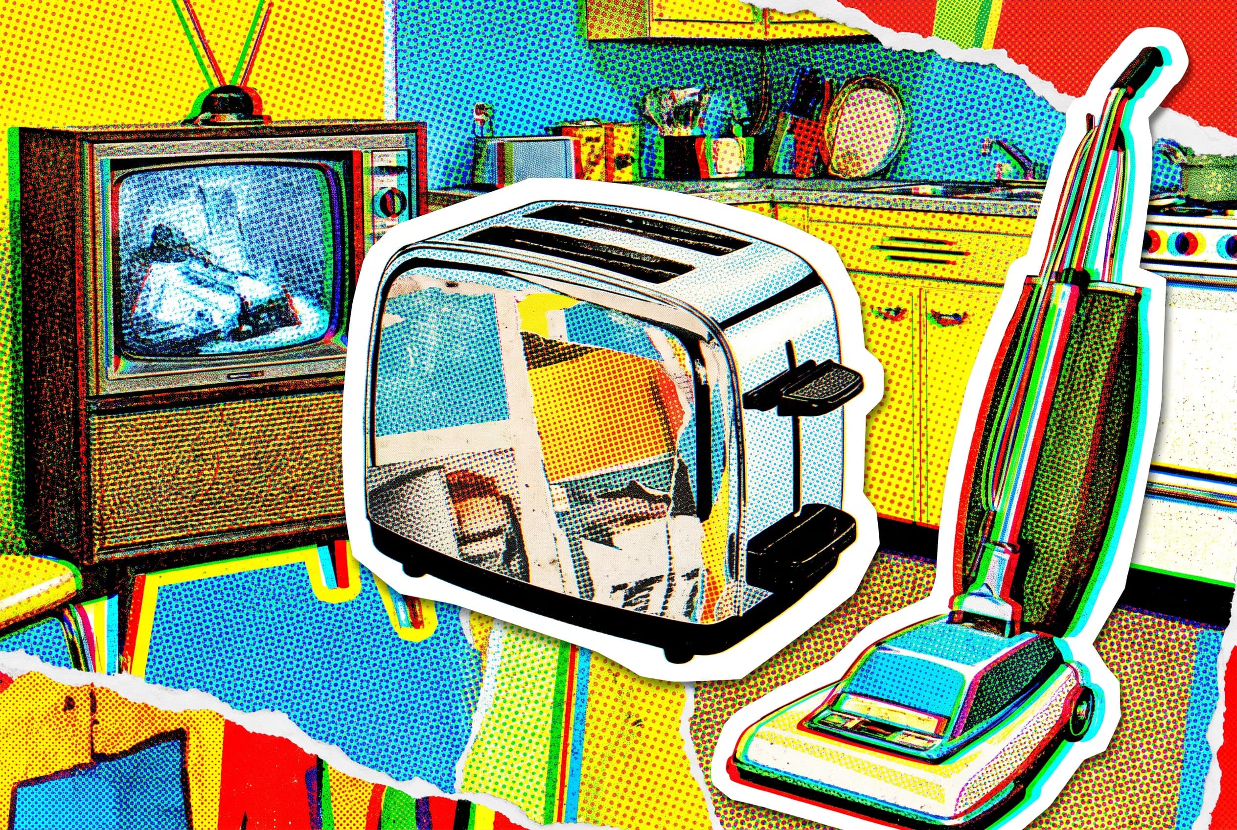 Pop art collage of a vintage chrome toaster cut from a 1950s magazine advertisement