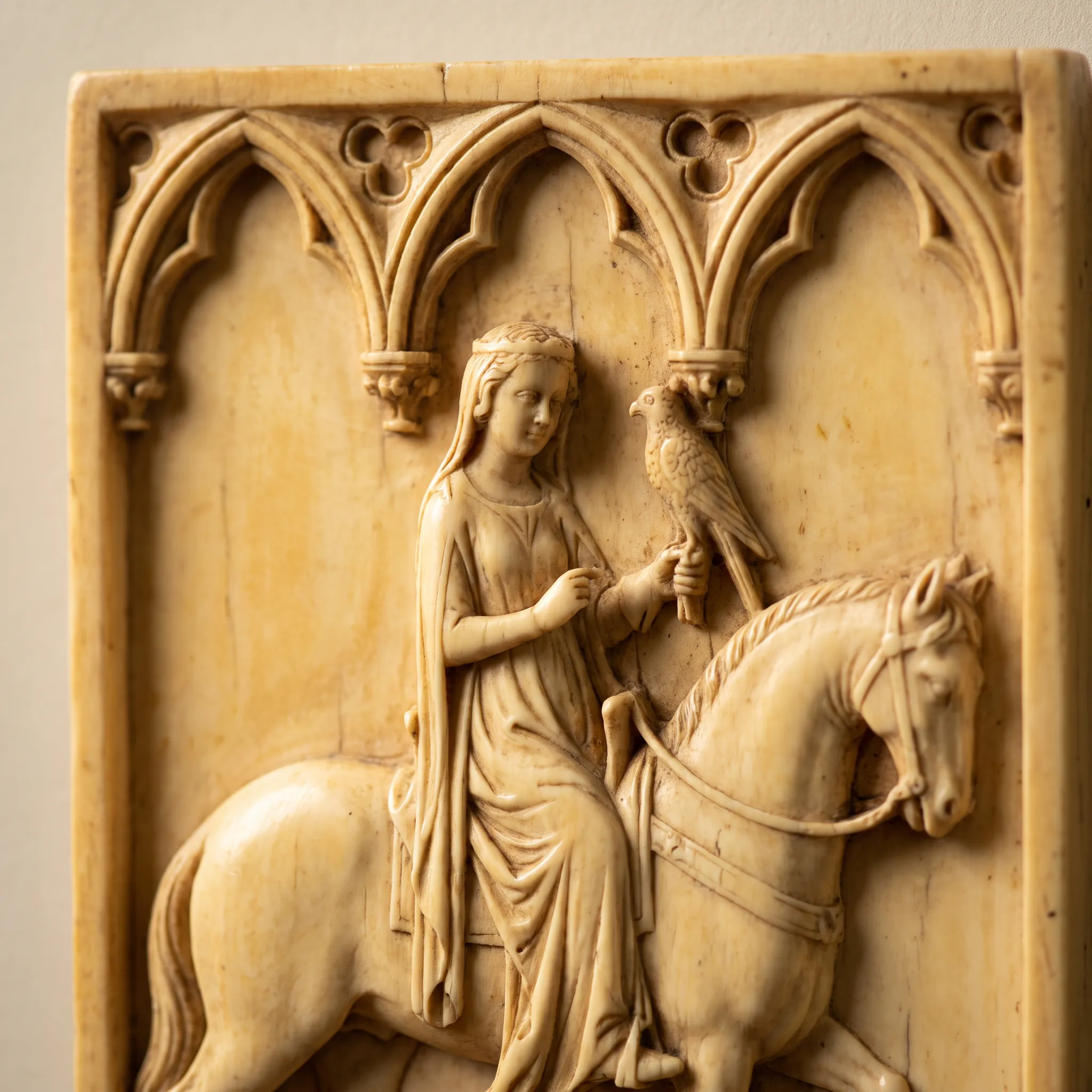 Carved ivory relief of a noblewoman falconer on a horse under pointed arches, medieval art style