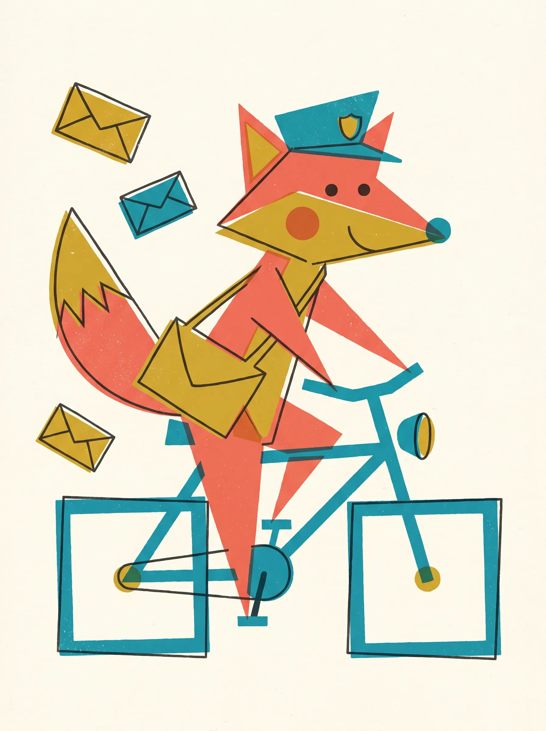 Mid-century flat cartoon of a fox mail carrier on a bicycle