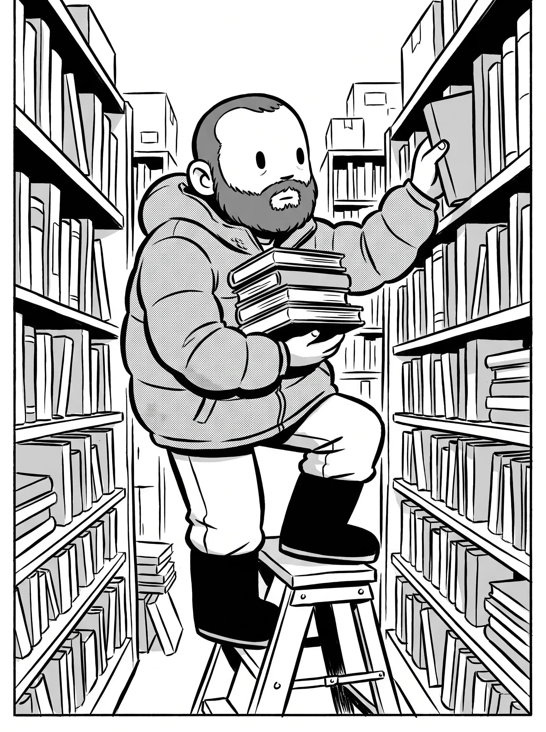 Bearded bookshop clerk shelving books in a narrow aisle, black-and-white brush ink comic page in the Scott Pilgrim art style