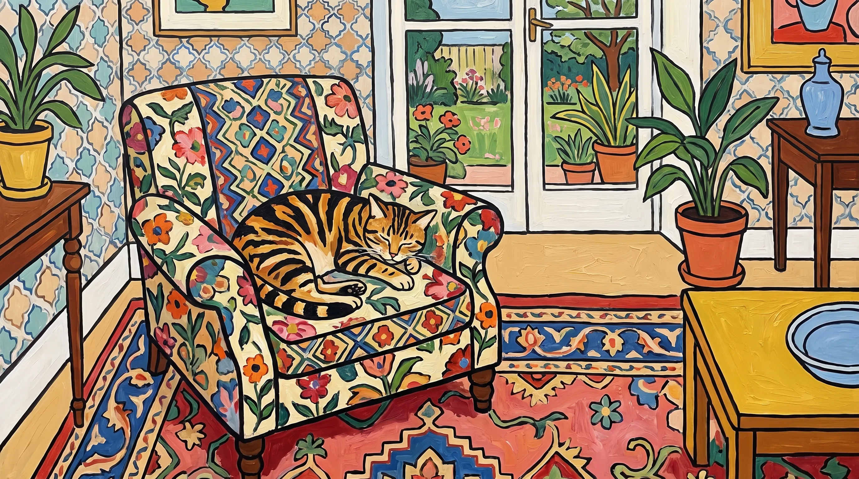 Wide oil painting of a sunlit room with a tabby cat asleep on an armchair, Henri Matisse art style