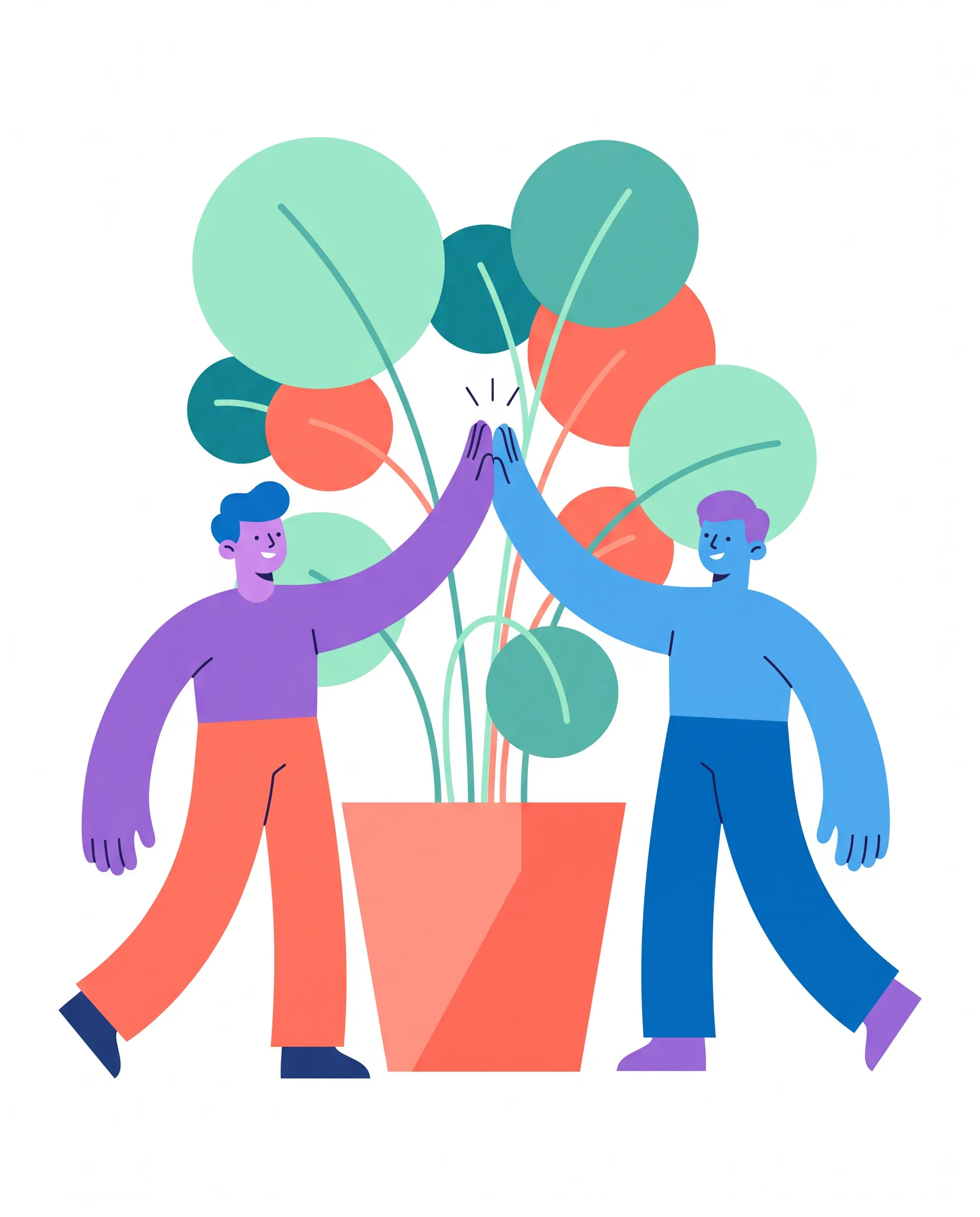 Flat vector onboarding illustration of two coworkers with purple and blue skin high-fiving beside a giant potted plant