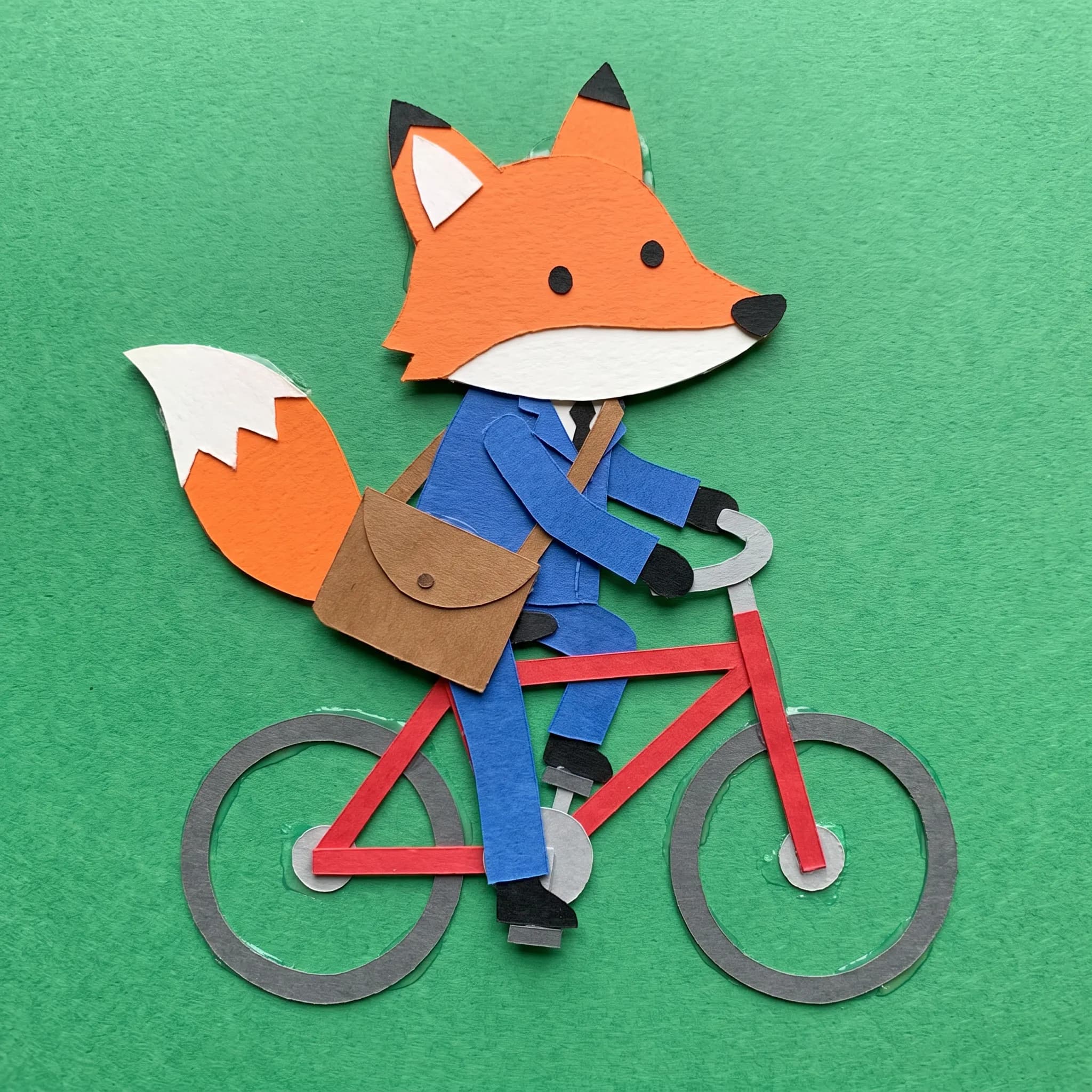 Paper cutout cartoon of a fox mail carrier on a bicycle