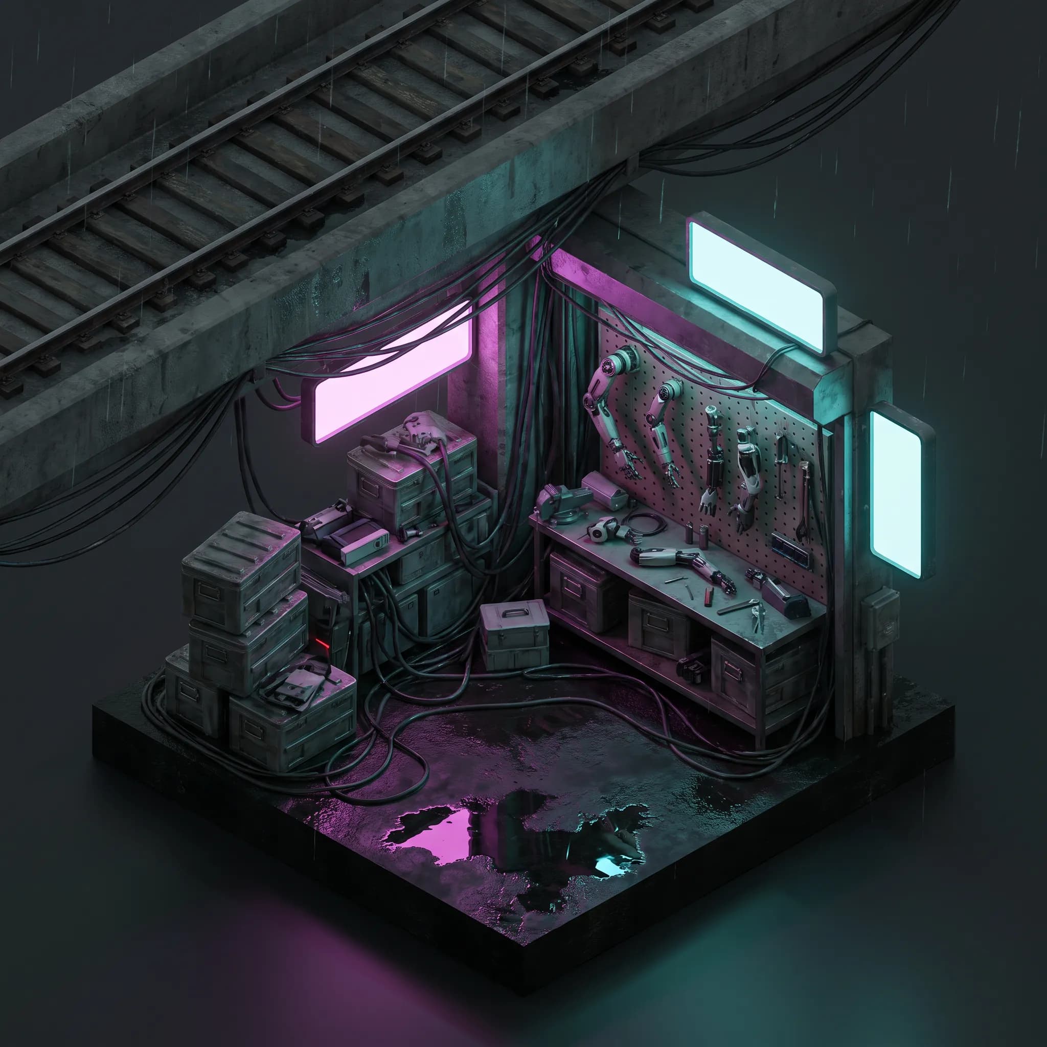Isometric 3D diorama of a cybernetic arm repair stall with cables, crates and neon lights, cyberpunk art style