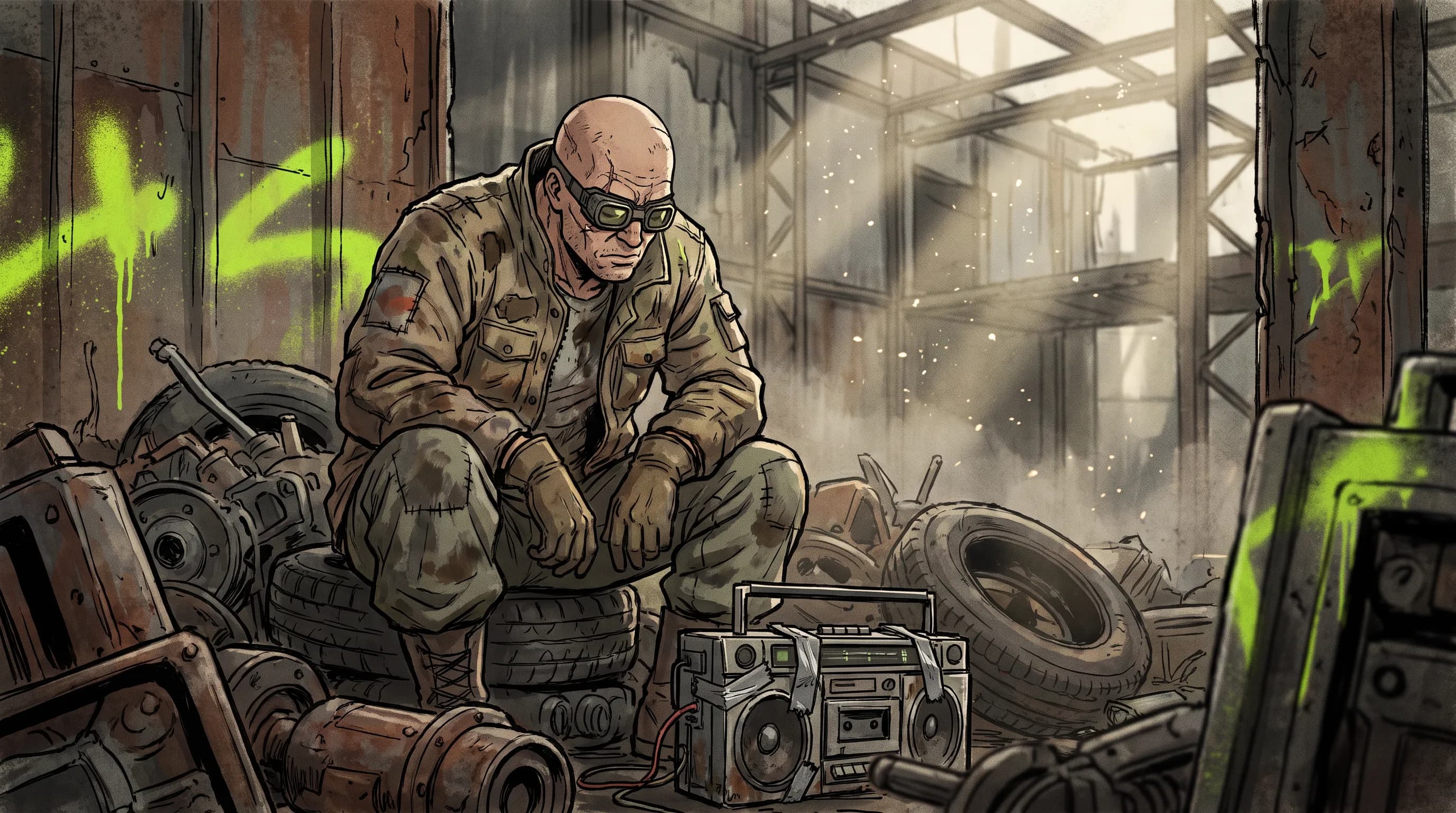 Anime key frame of an adult scrapyard mechanic crouched on a junk heap, Gachiakuta art style
