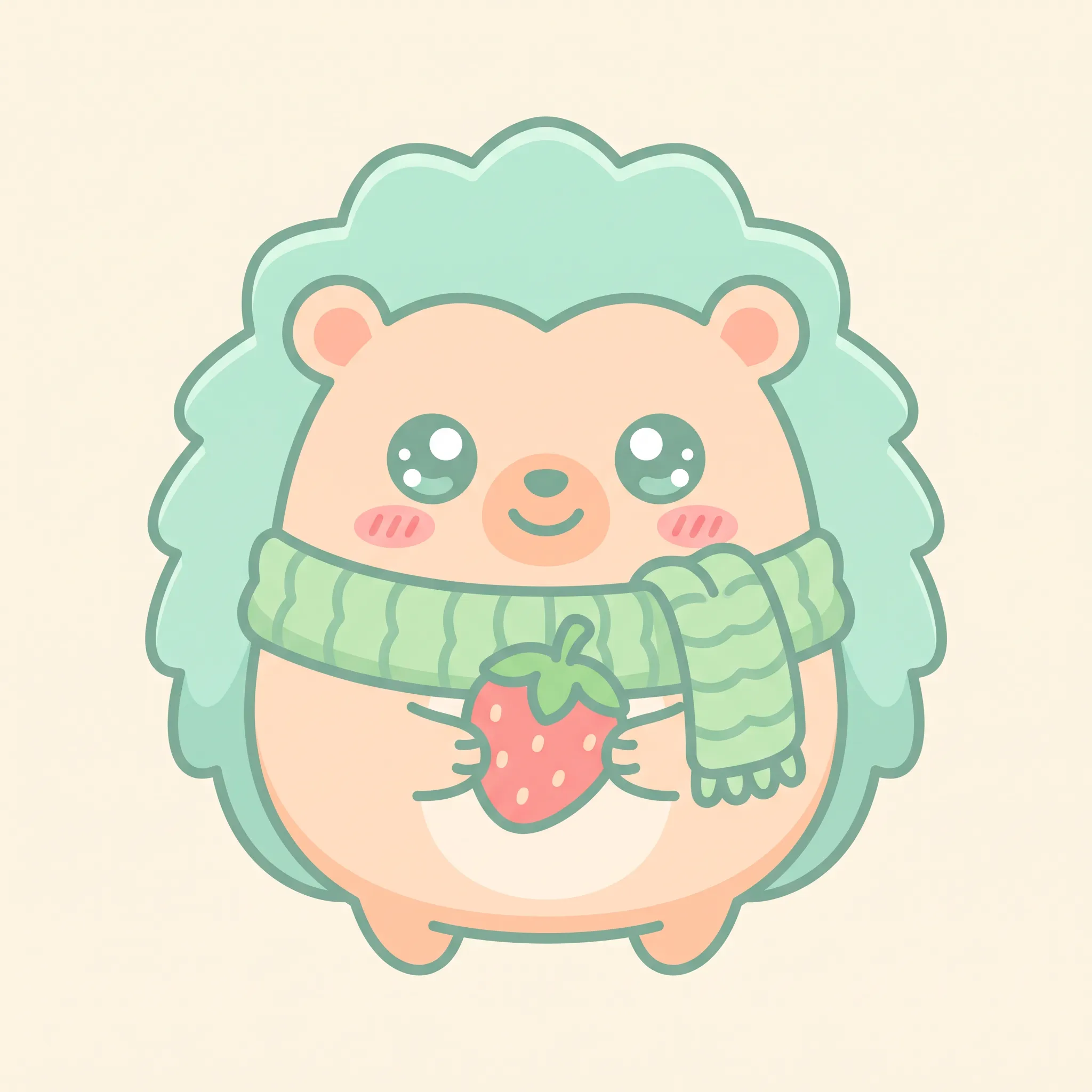 Kawaii mascot of a little hedgehog in a knitted green scarf holding a strawberry