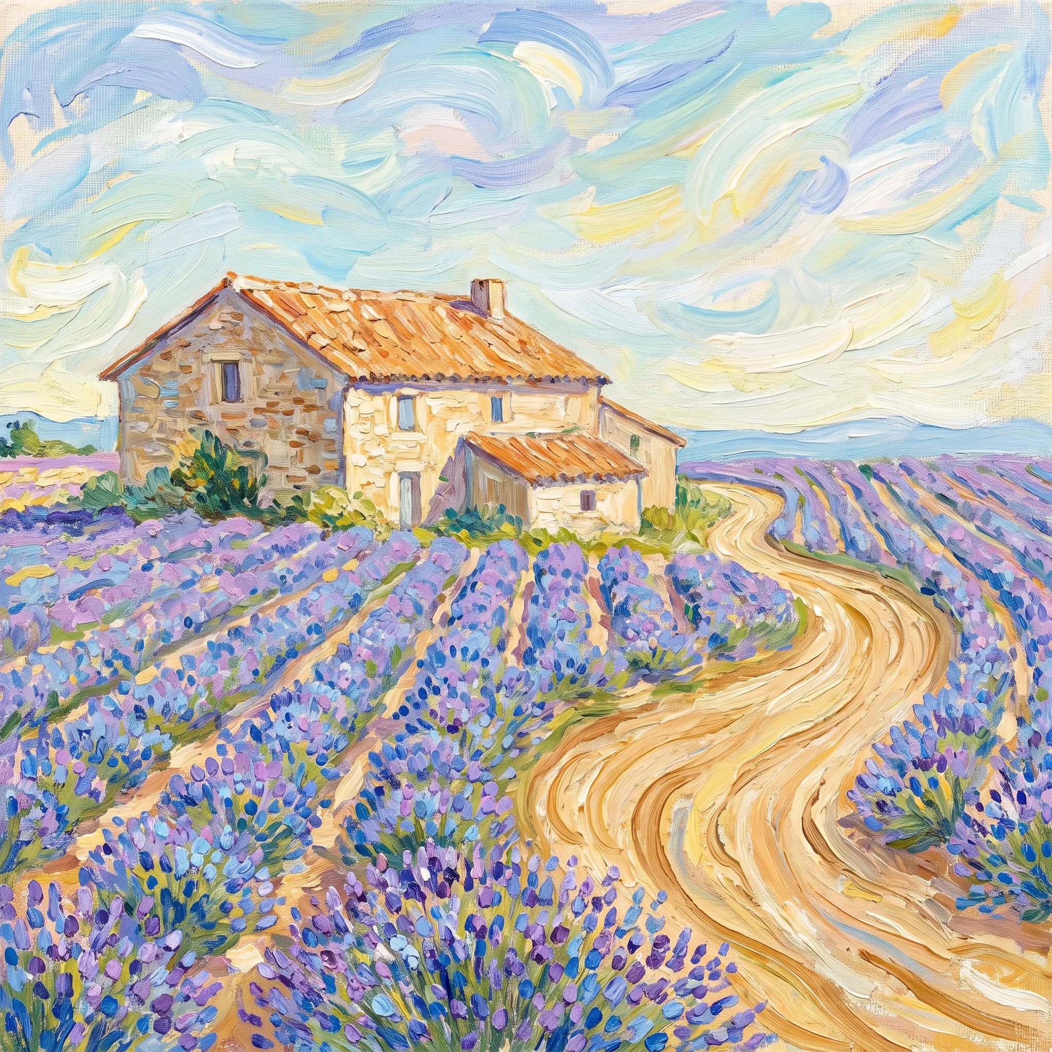 Farmhouse and lavender field painted in dots and lines of unmixed color, Van Gogh art style
