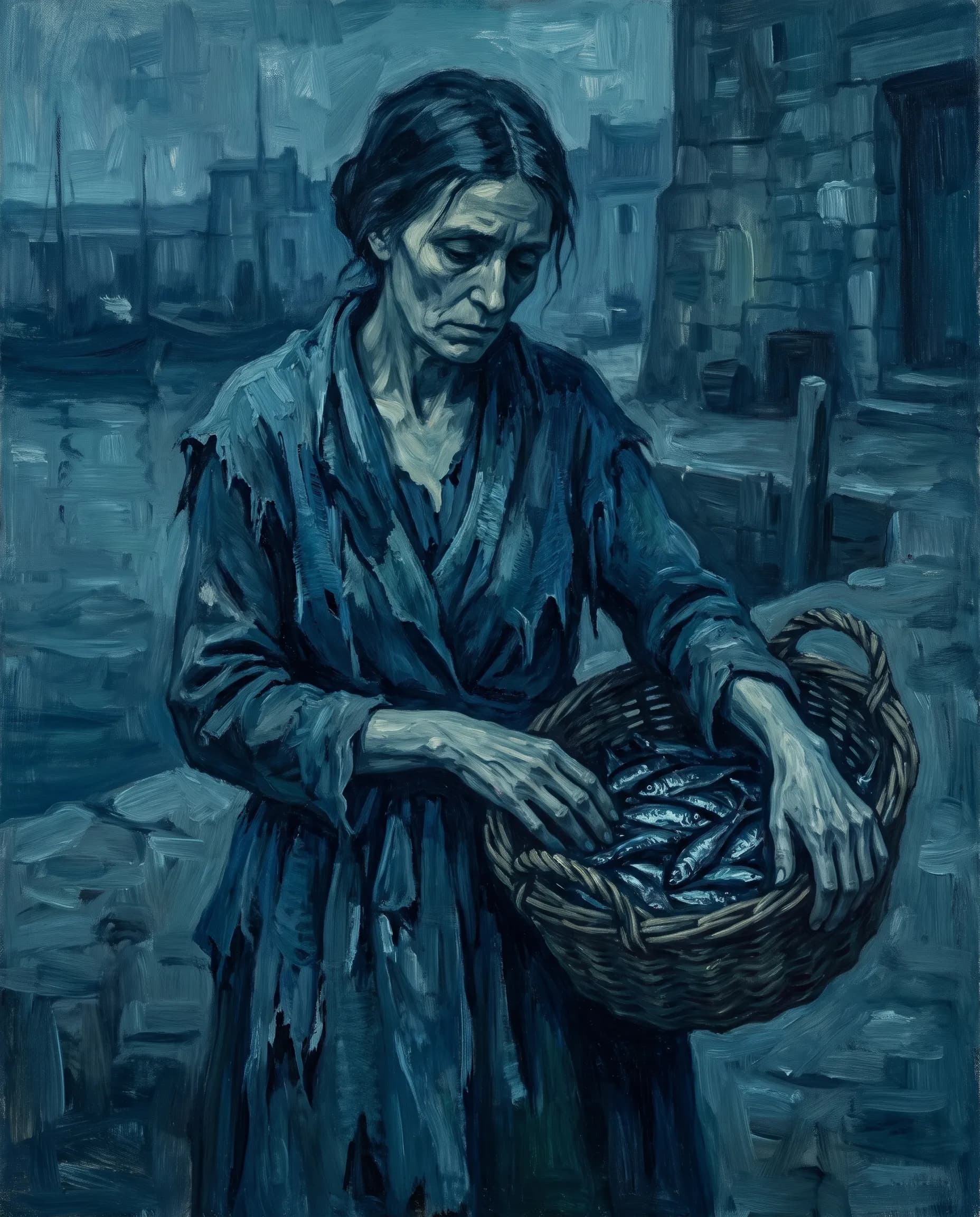 Oil painting of a thin Mediterranean fisherwoman holding a basket of sardines
