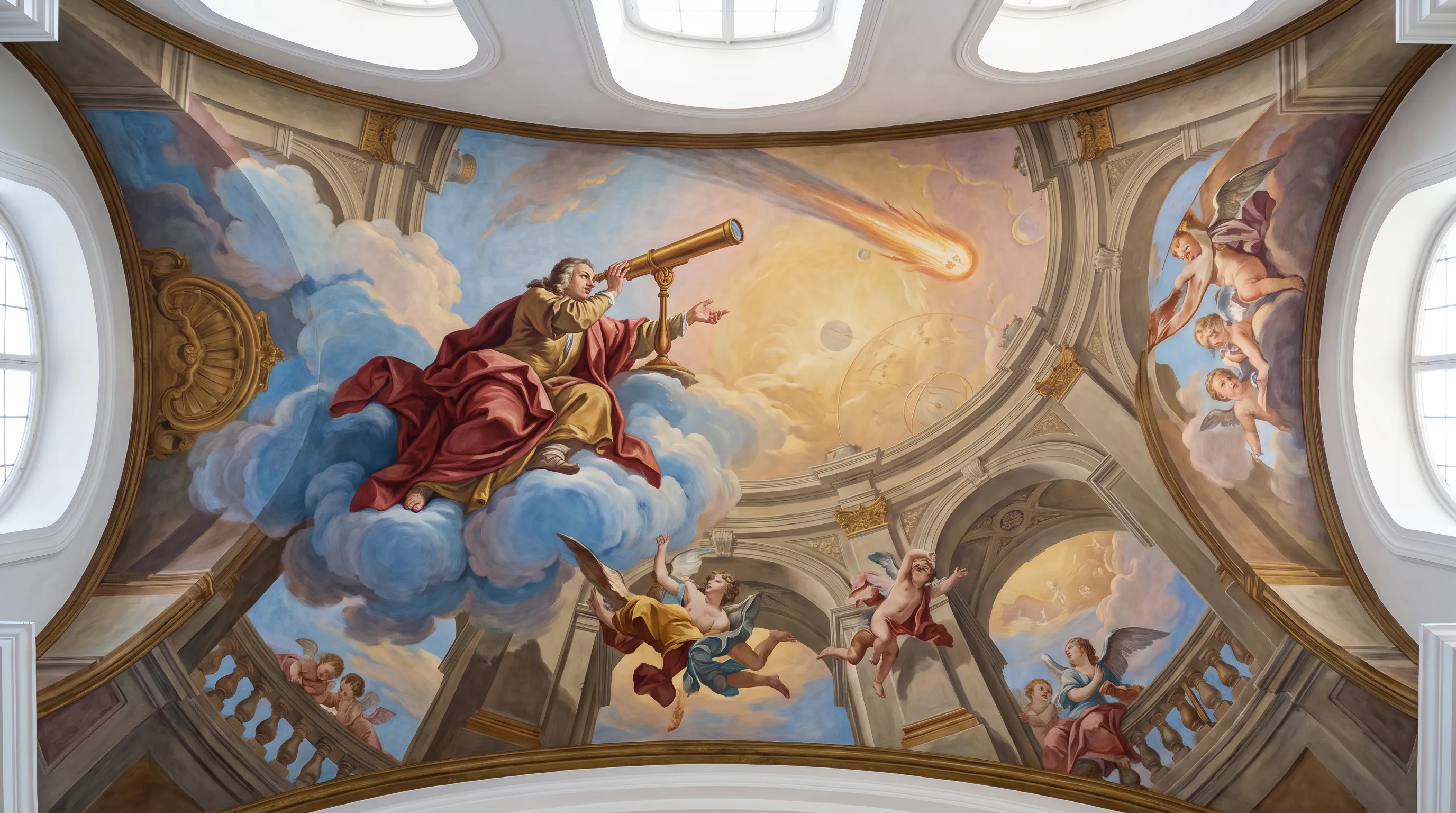 Ceiling fresco of an astronomer on clouds pointing a telescope at a comet, baroque art style