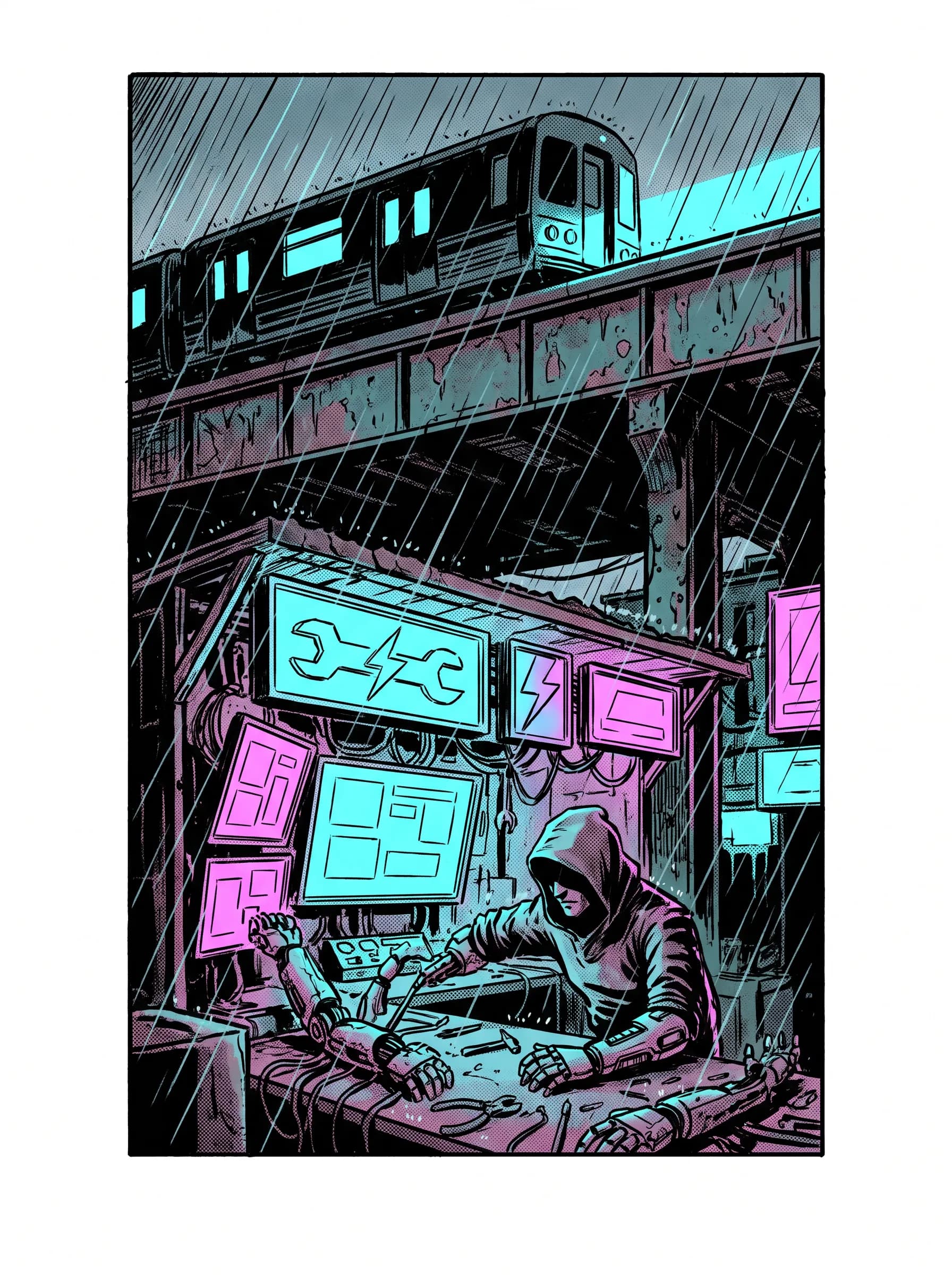 Inked comic book panel of a cybernetic arm repair stall in slashing rain, cyberpunk art style