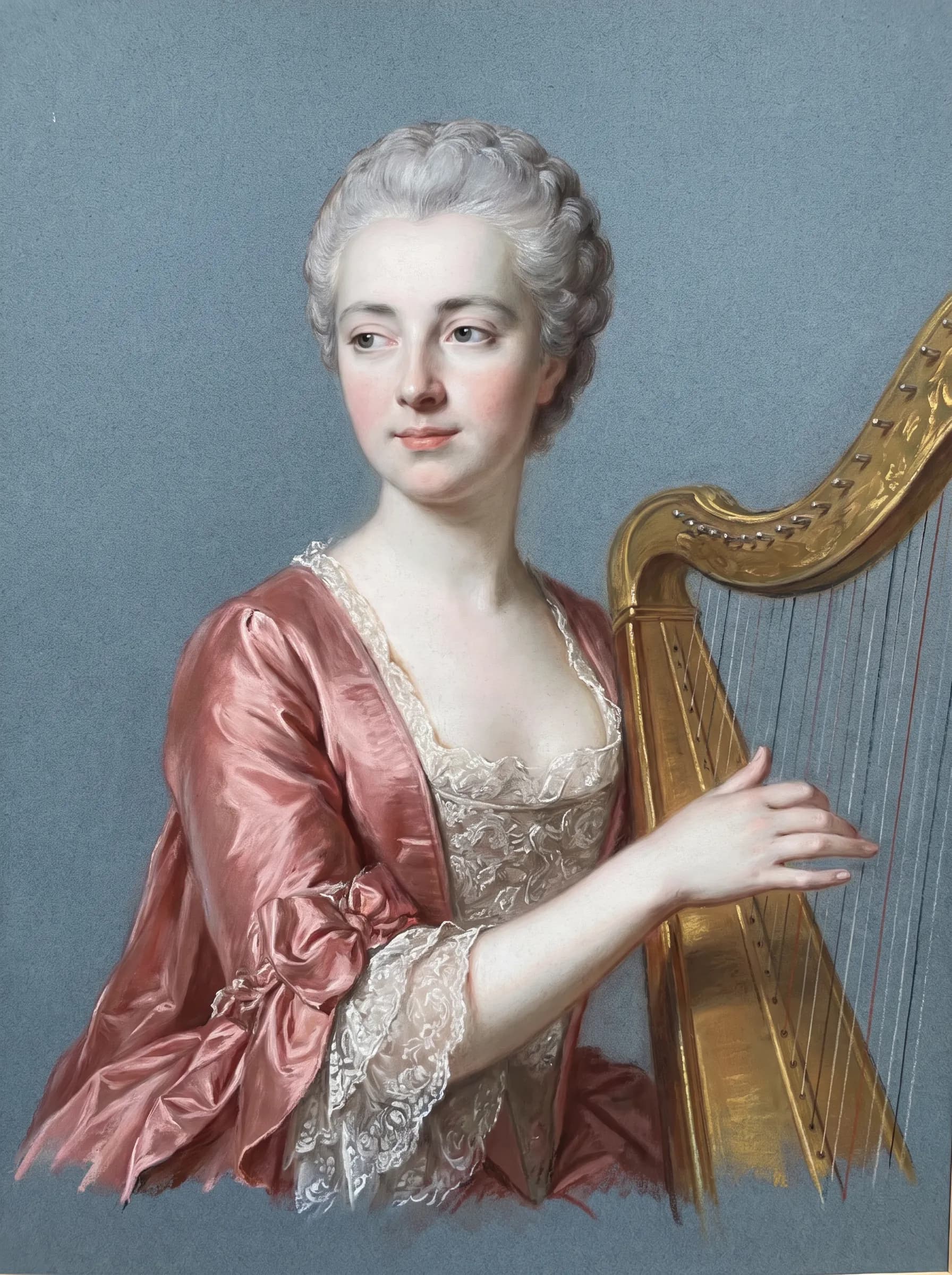 Pastel portrait of a harpist in a rose silk gown with a gilded harp, rococo art style