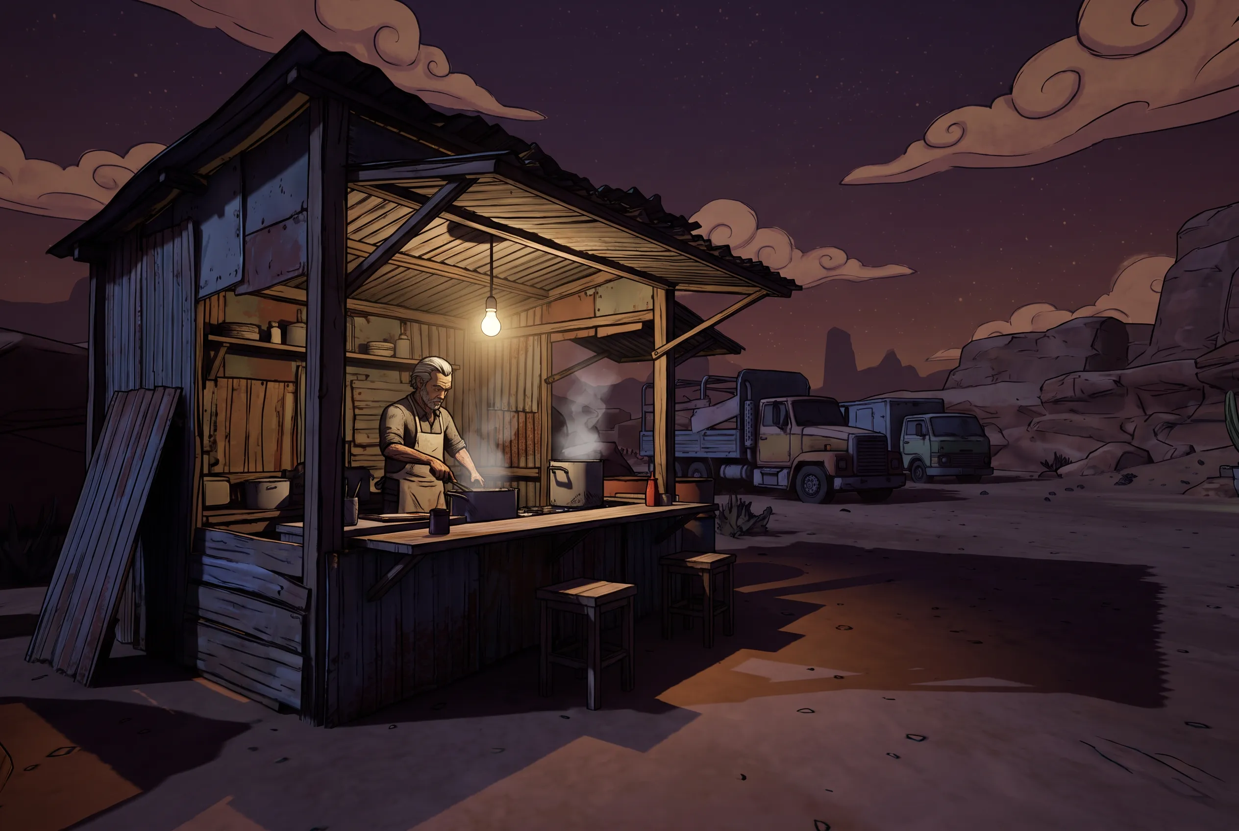 Stylized 3D render of a gray-haired cook at a desert noodle stand at night, Borderlands art style