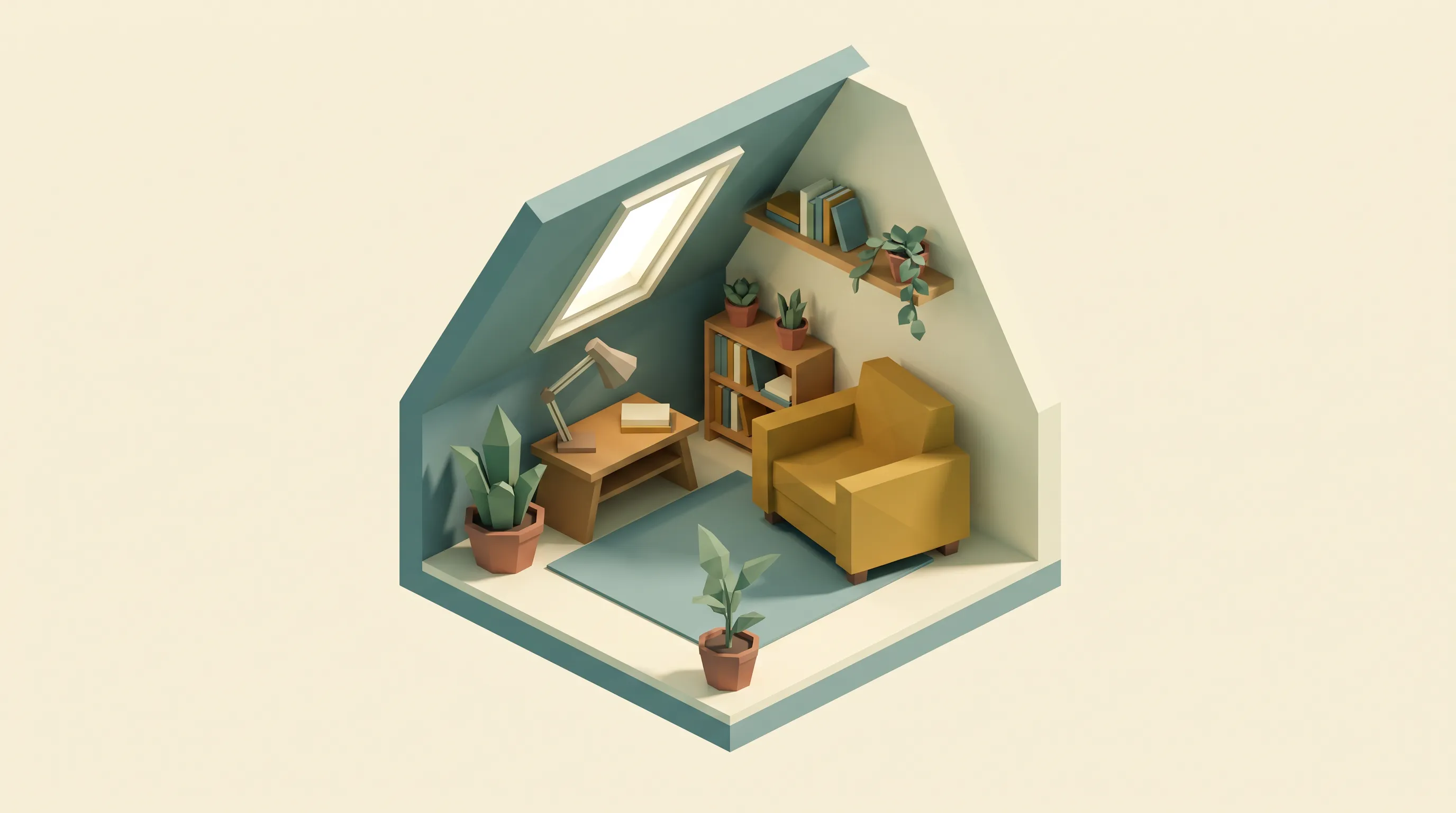Isometric cutaway 3D render of a cozy attic reading nook, low poly art style