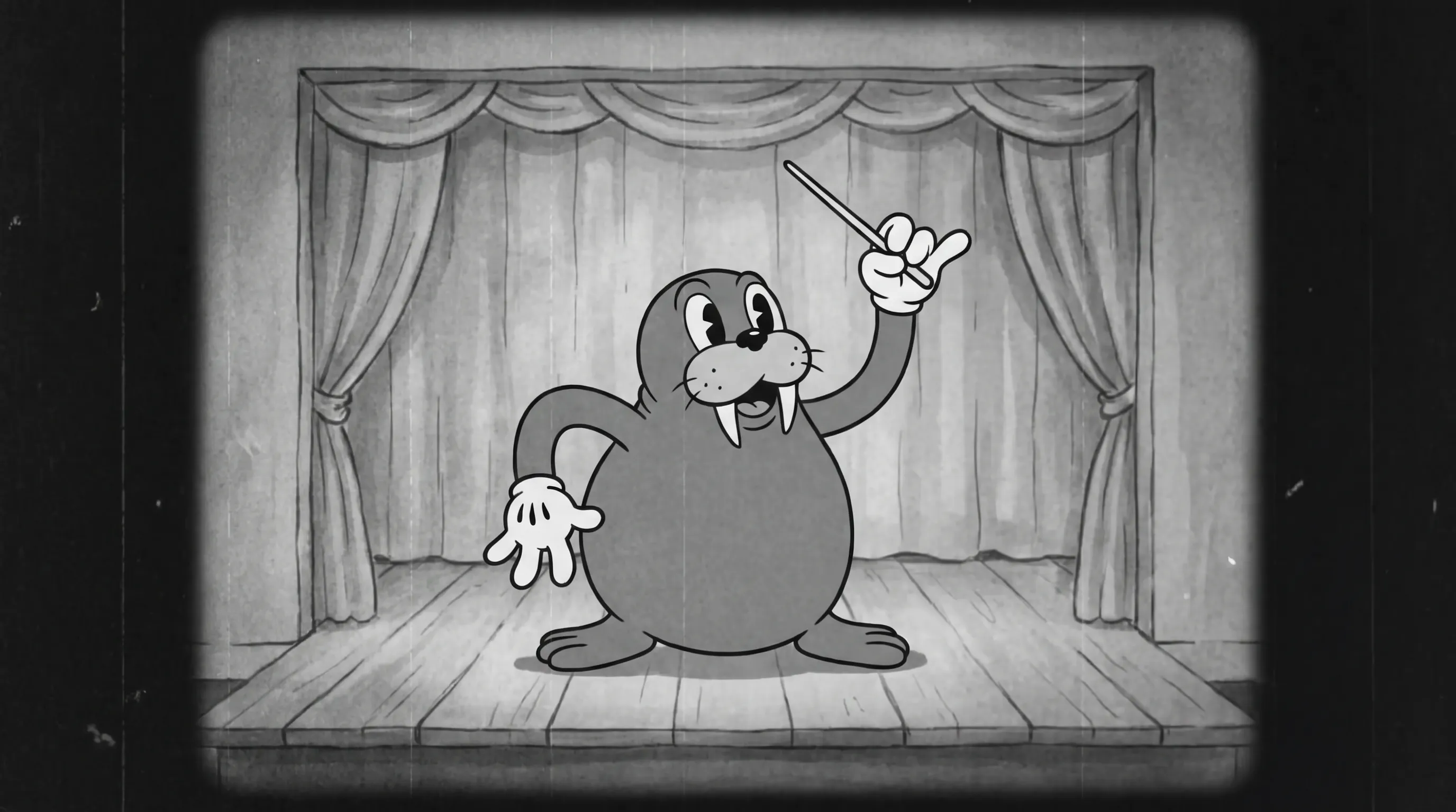 Walrus bandleader swinging a baton on stage, black-and-white film frame in rubber hose art style