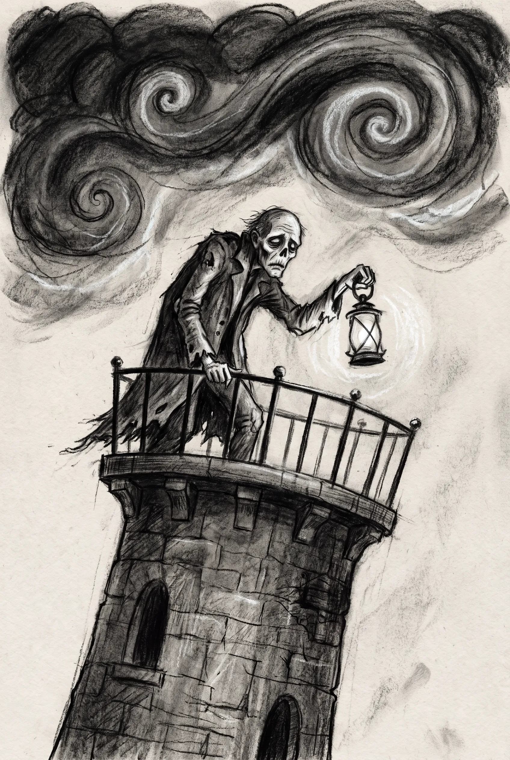 Charcoal drawing of a gaunt lighthouse keeper holding a lantern at the top of a leaning tower