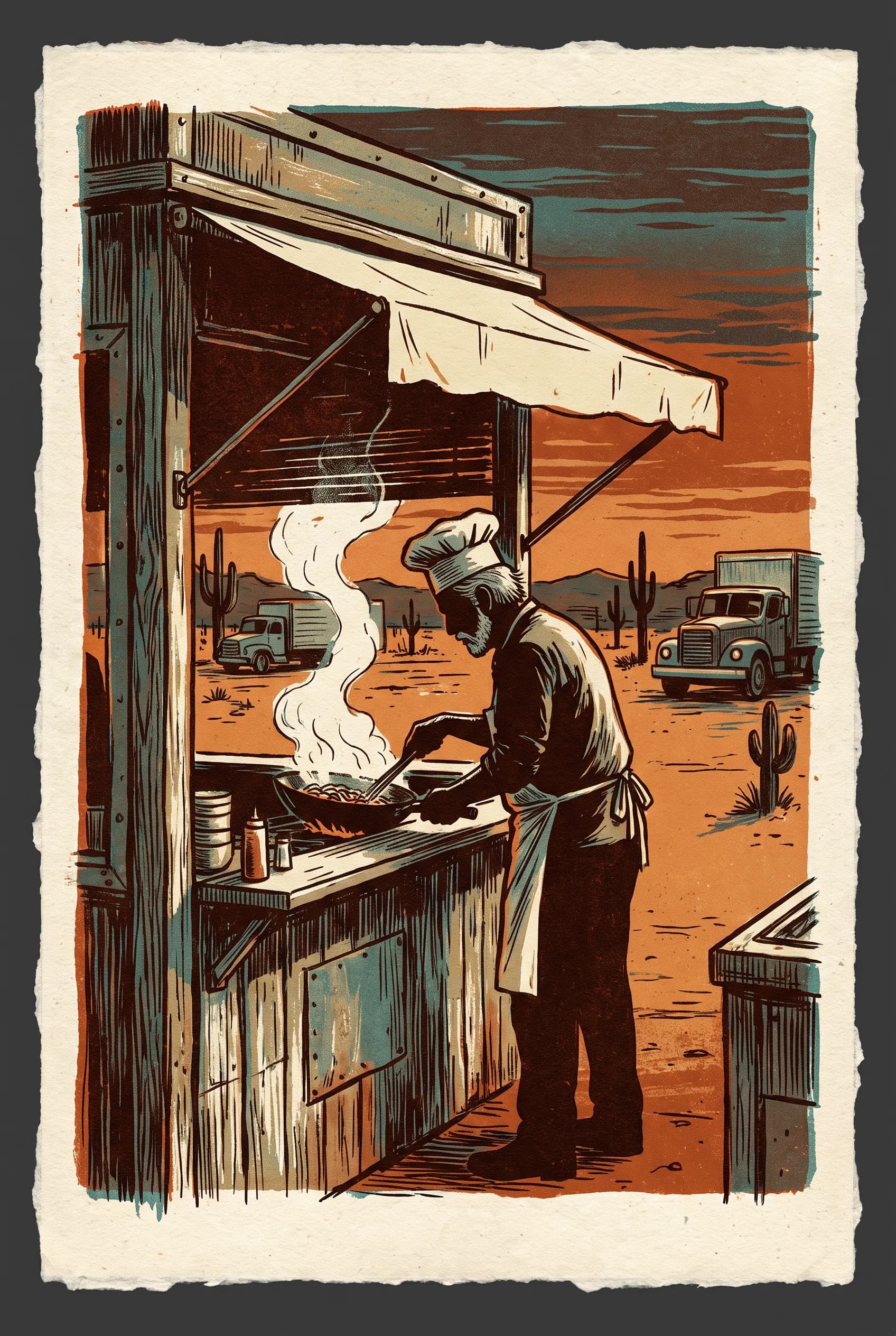 Screen-printed poster of a gray-haired cook at a desert noodle stand at dusk, Borderlands art style