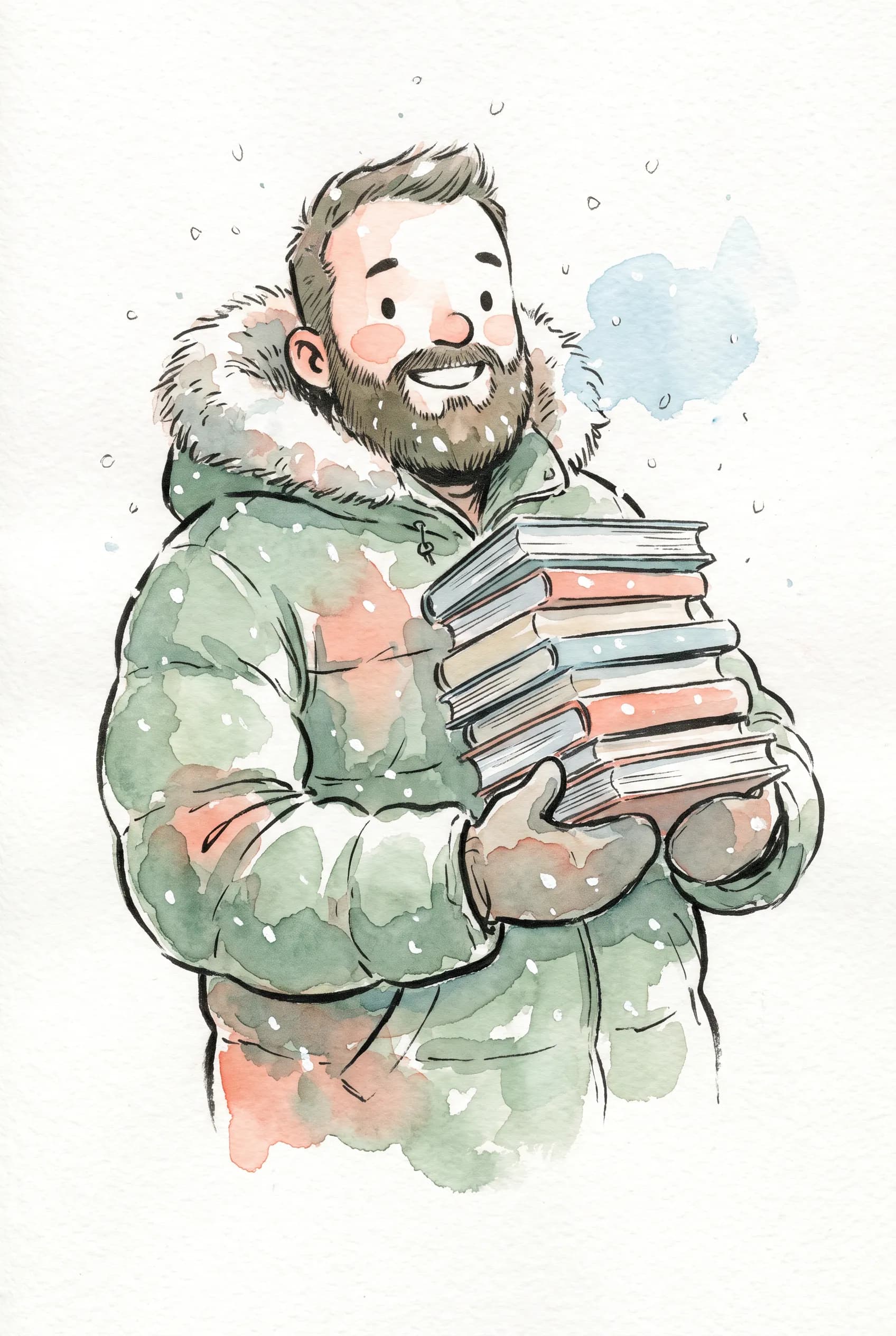 Bearded bookshop clerk holding paperbacks in falling snow, loose watercolor pin-up in the Scott Pilgrim art style
