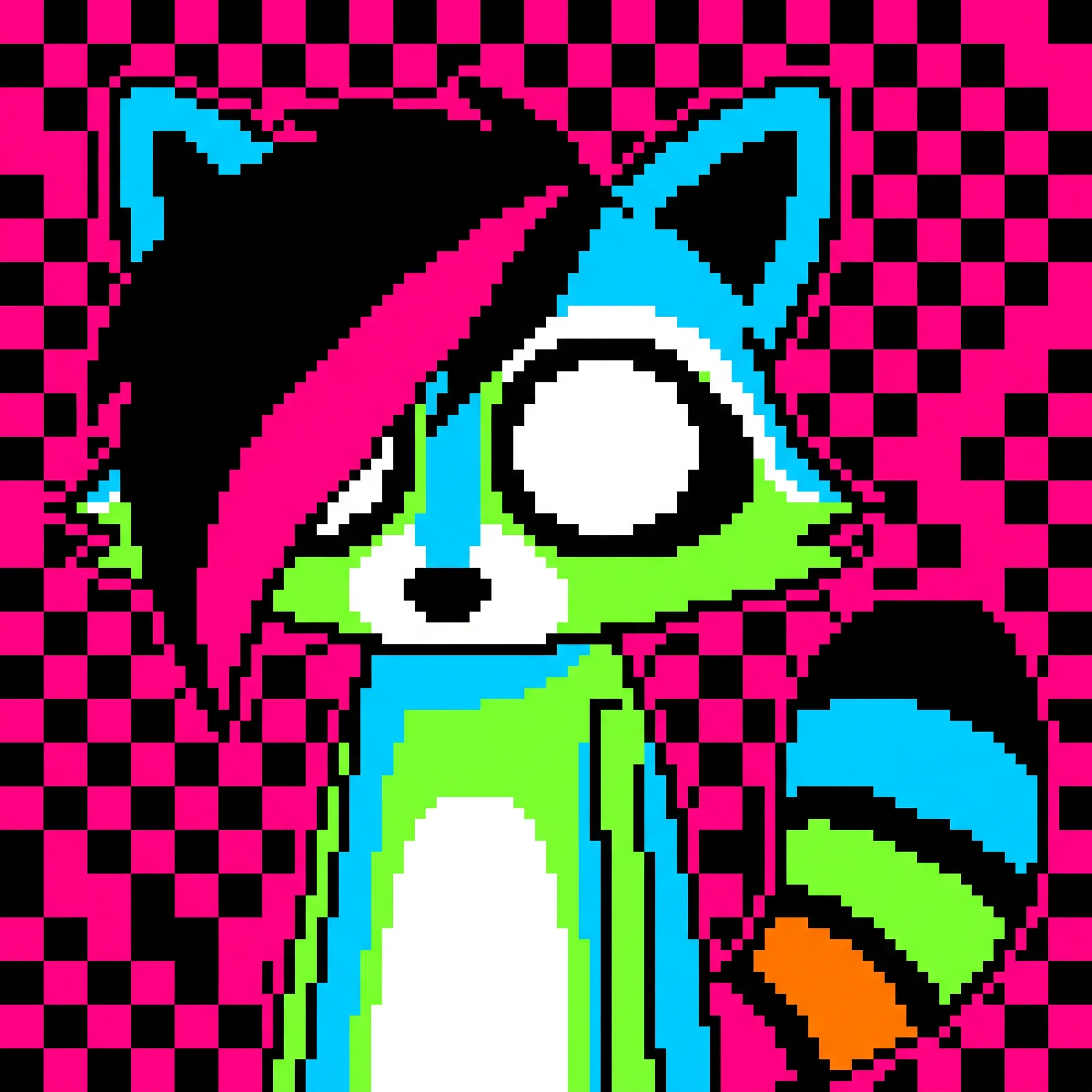 Pixel art profile icon of a raccoon with a pink-streaked side fringe, scene art style