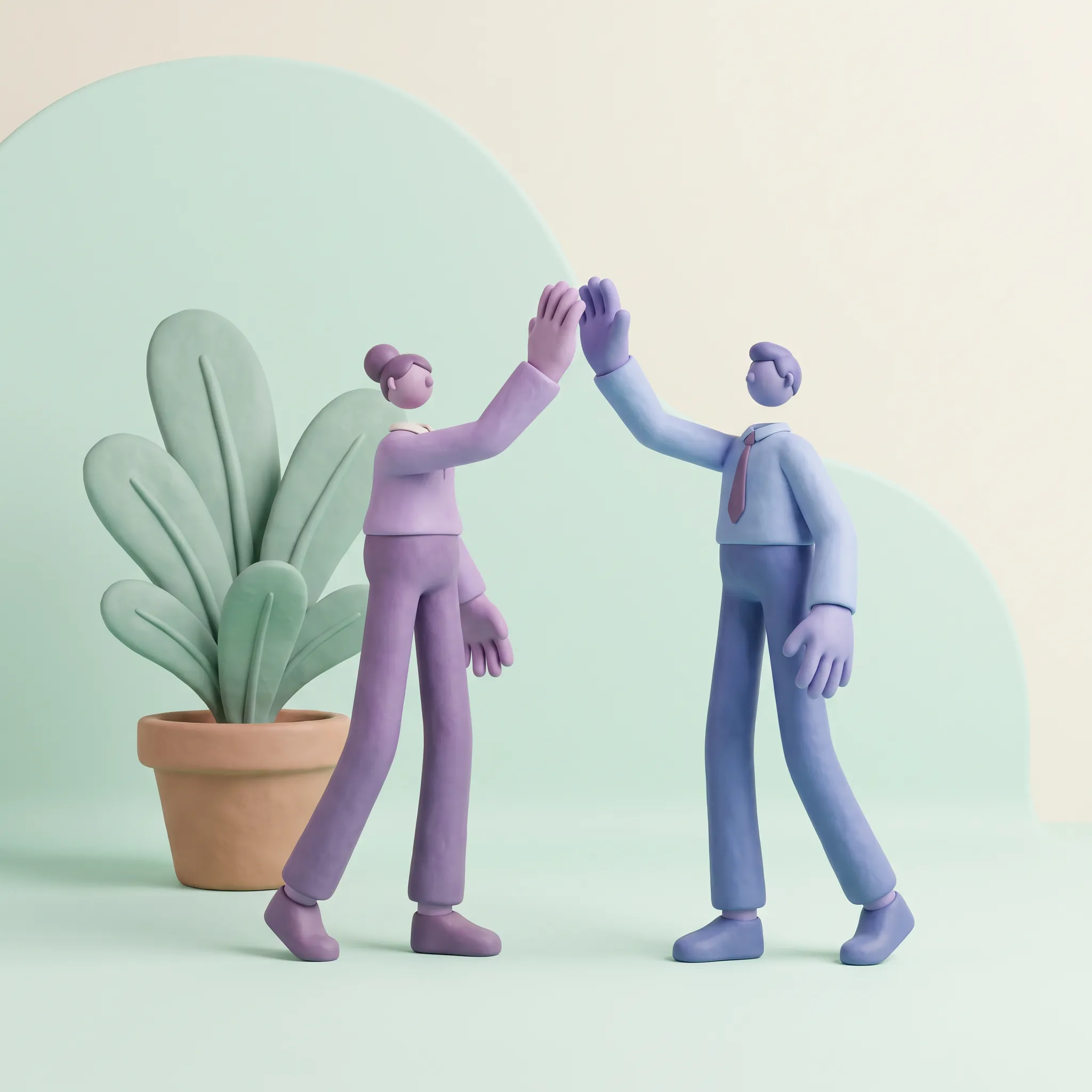 Soft 3D clay render of two coworkers with purple and blue skin high-fiving beside a giant potted plant