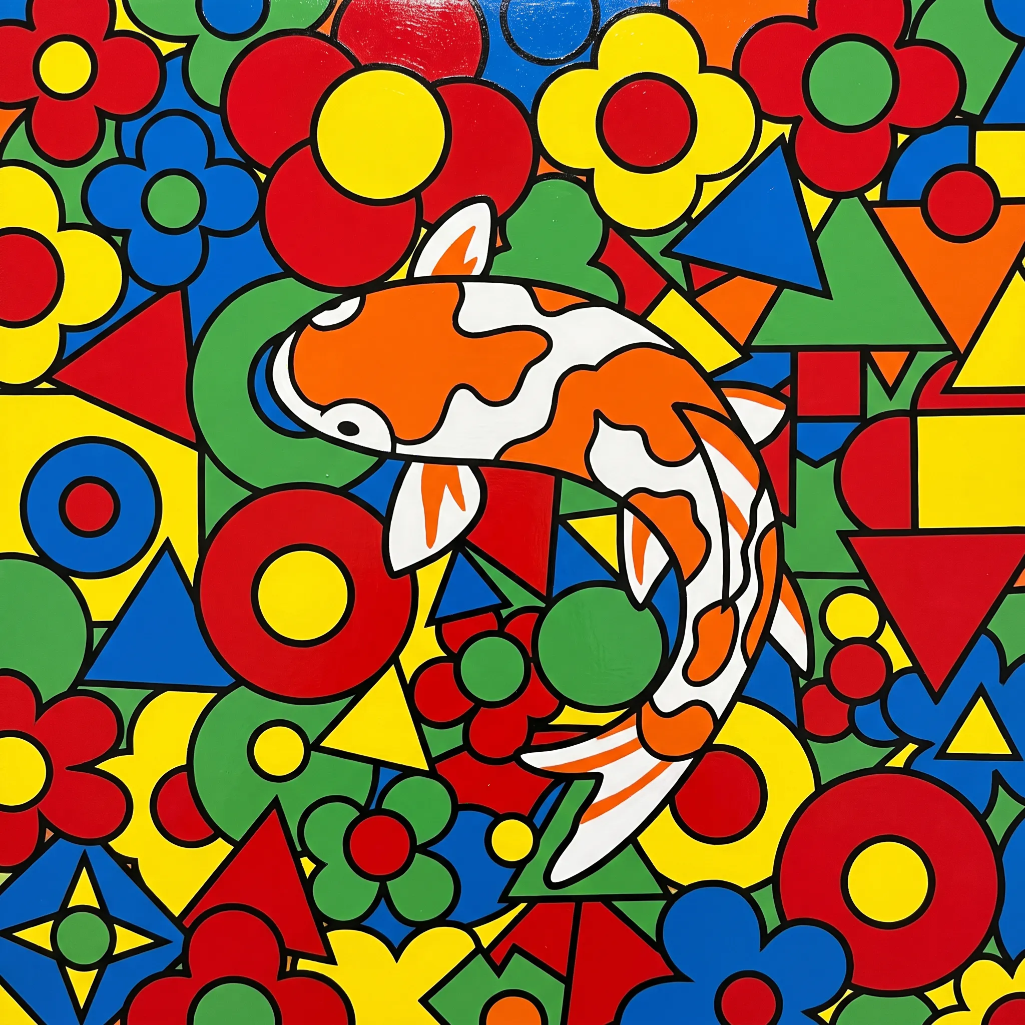 Superflat painting of an orange-and-white koi on a dense pattern of flat geometric flowers