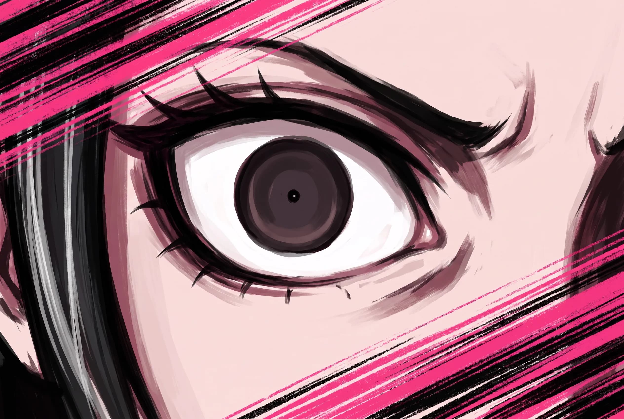 Extreme close-up of a pawnbroker's eye and raised eyebrow with speed lines, Danganronpa art style