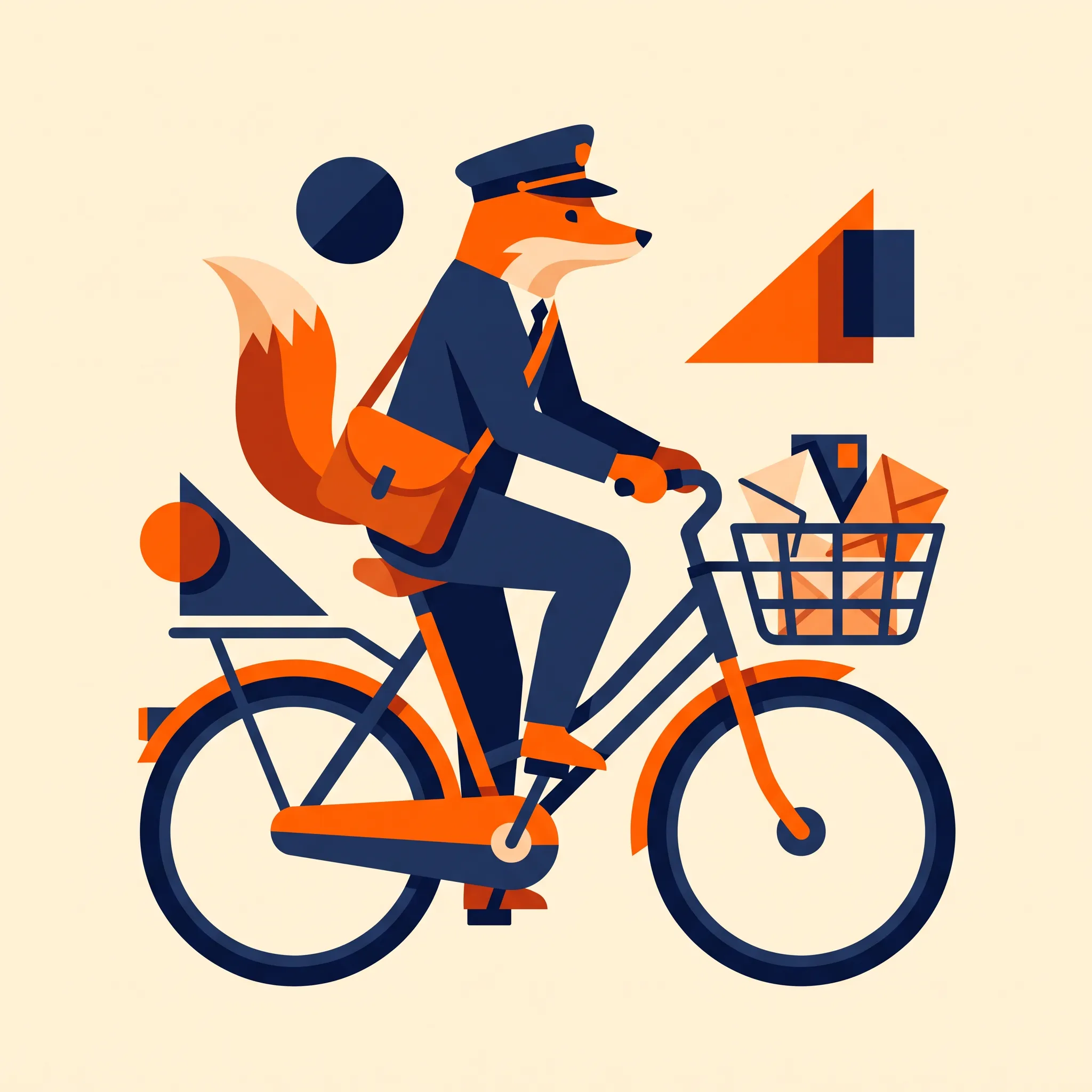 Modern flat vector illustration of a fox mail carrier on a bicycle