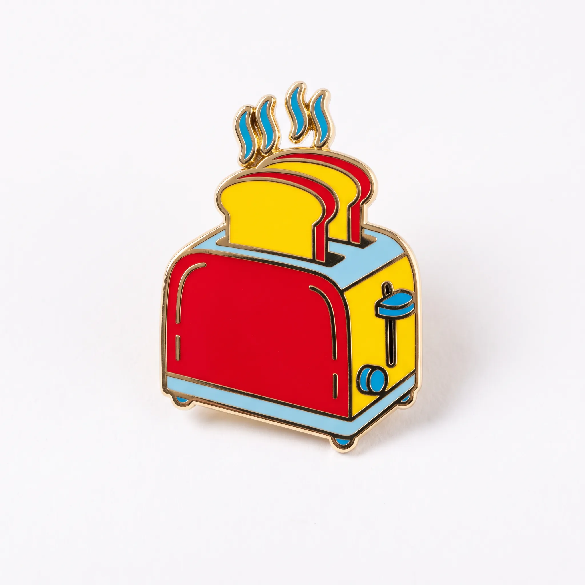 Enamel pin of a chrome pop-up toaster with two slices of toast