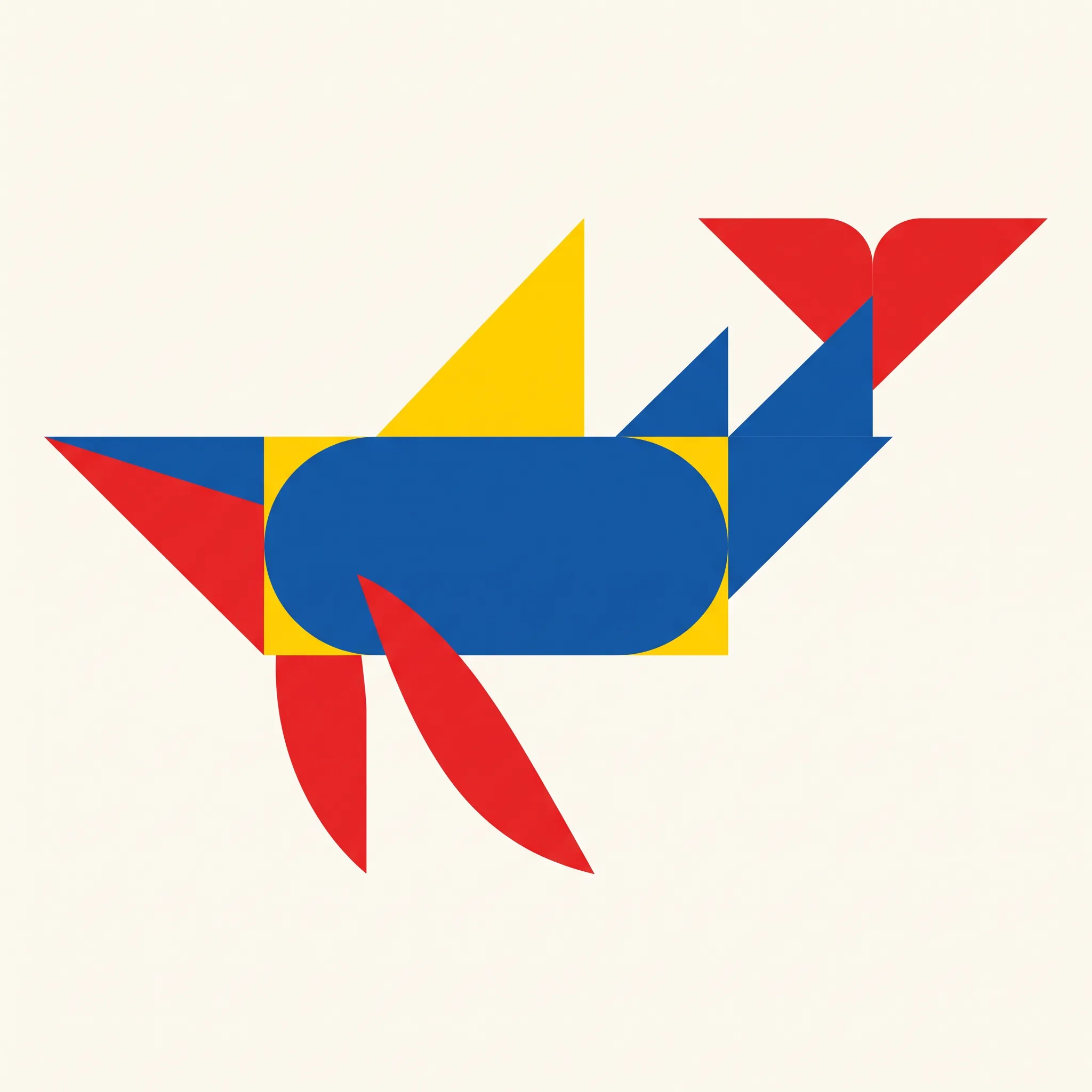 Humpback whale built from circles, triangles and rectangles, geometric shape art style