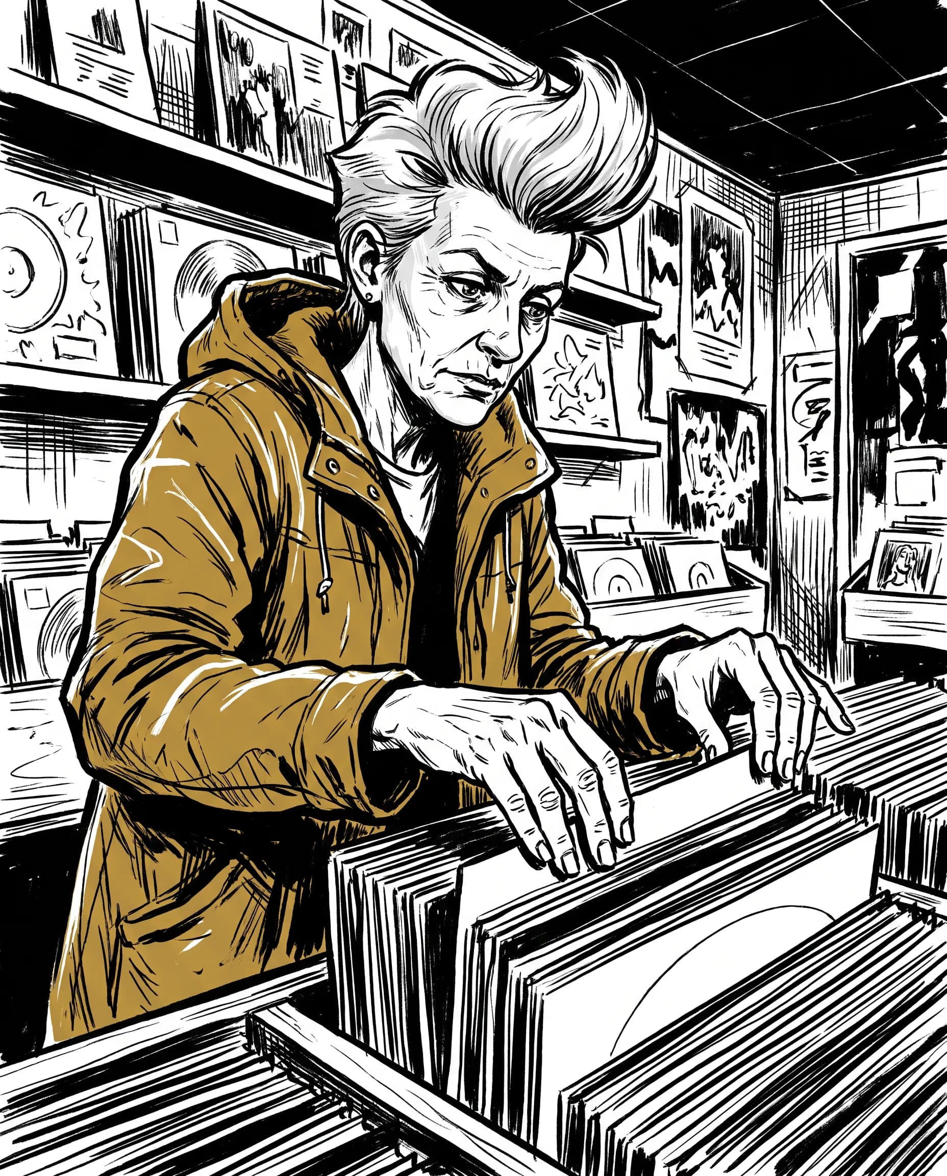 Record-shop owner in a mustard parka flipping through vinyl, pen and ink comic panel in the Gorillaz art style
