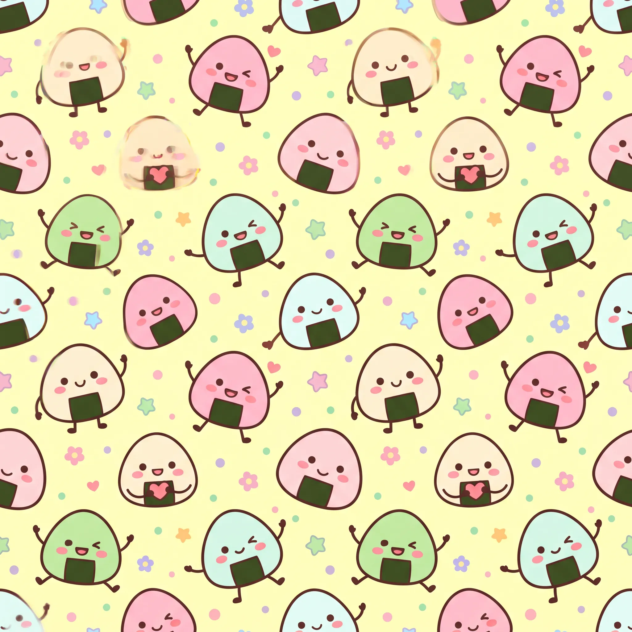 Repeating wrapping paper pattern of round onigiri rice ball mascots, kawaii art style