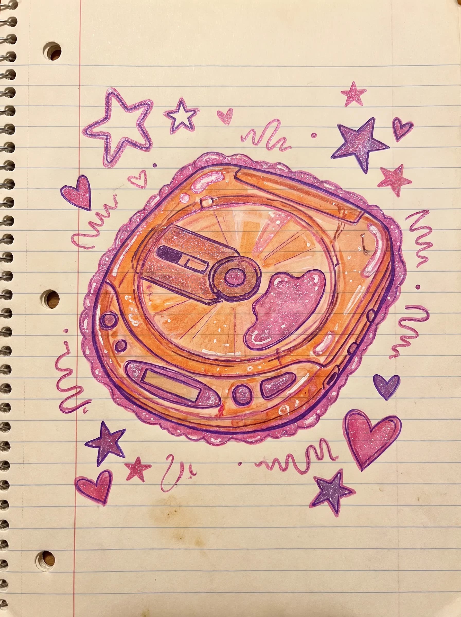Glitter gel pen drawing of a translucent tangerine portable CD player on notebook paper, Y2K art style