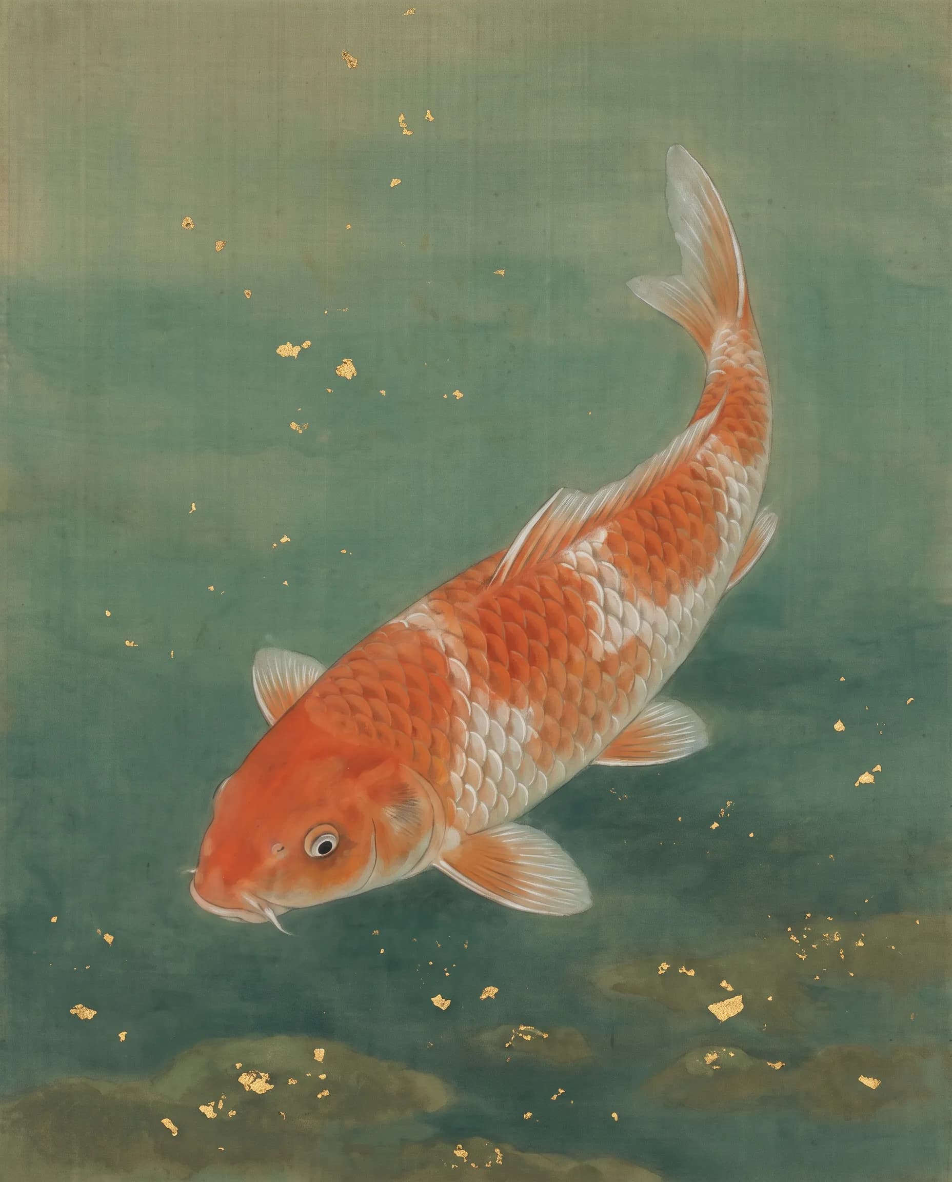 Nihonga painting of an orange-and-white koi on silk