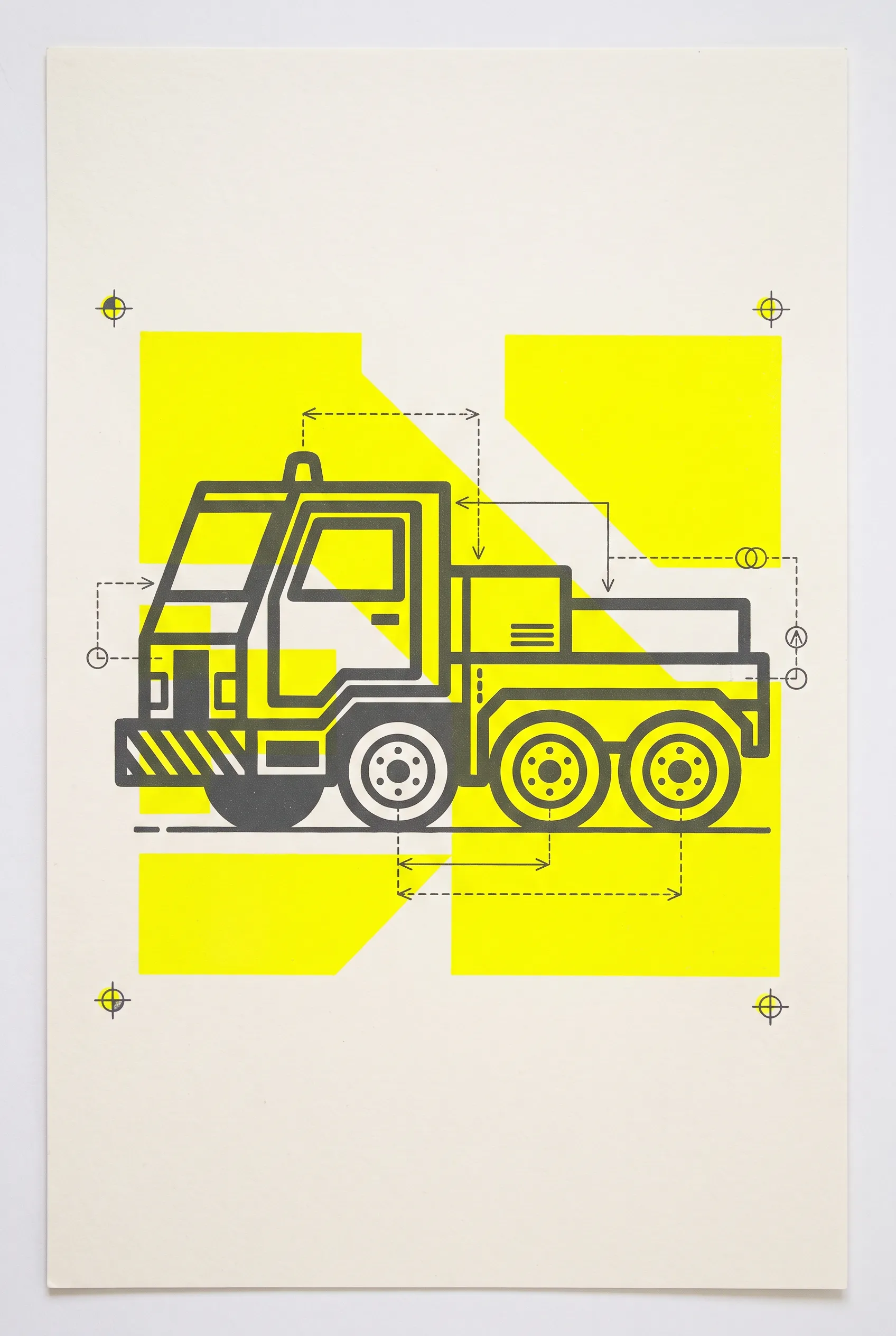 Six-wheeled cargo tug in side profile, two-color screen-printed poster in yellow and graphite, Marathon art style