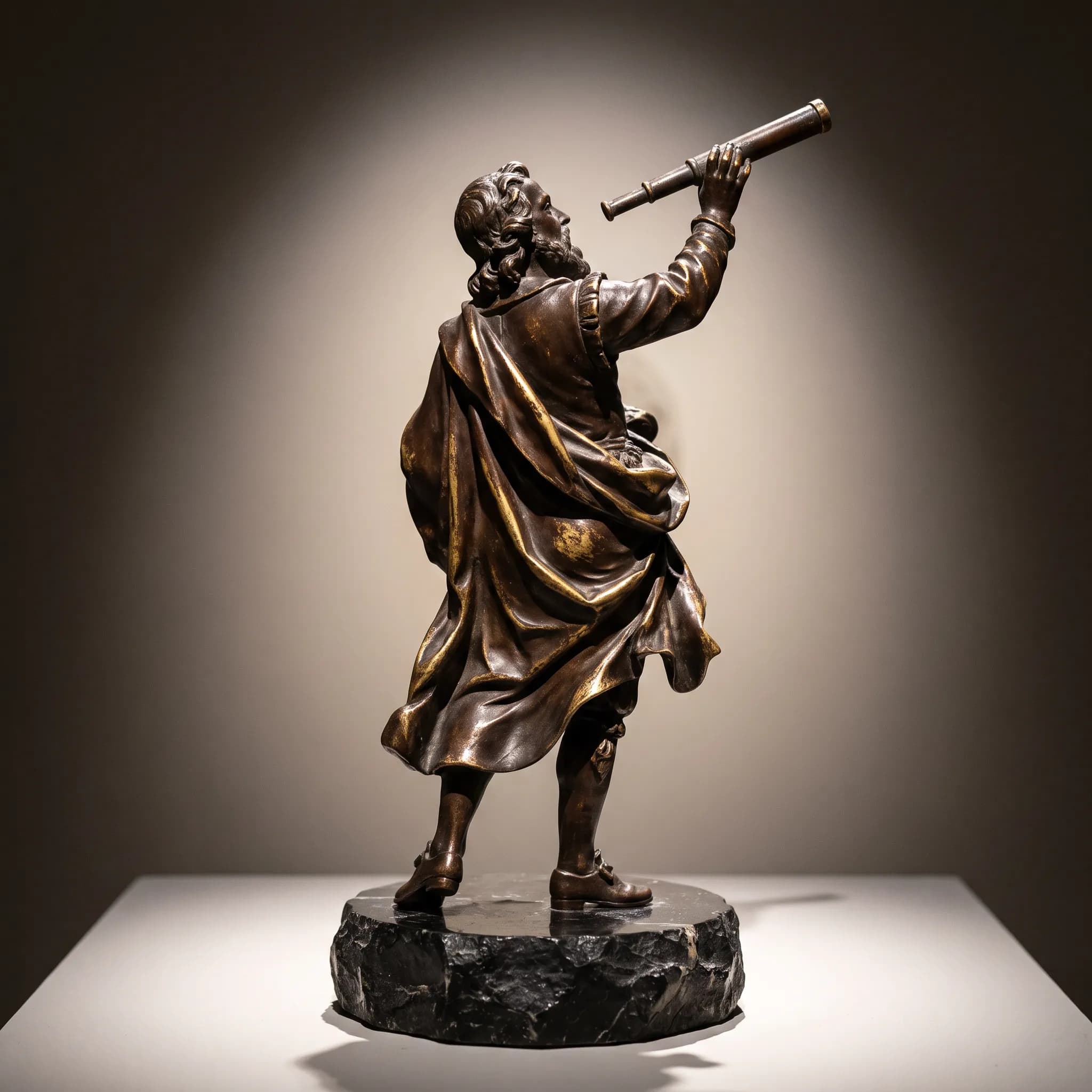 Bronze statuette of an astronomer holding a telescope aloft, baroque art style