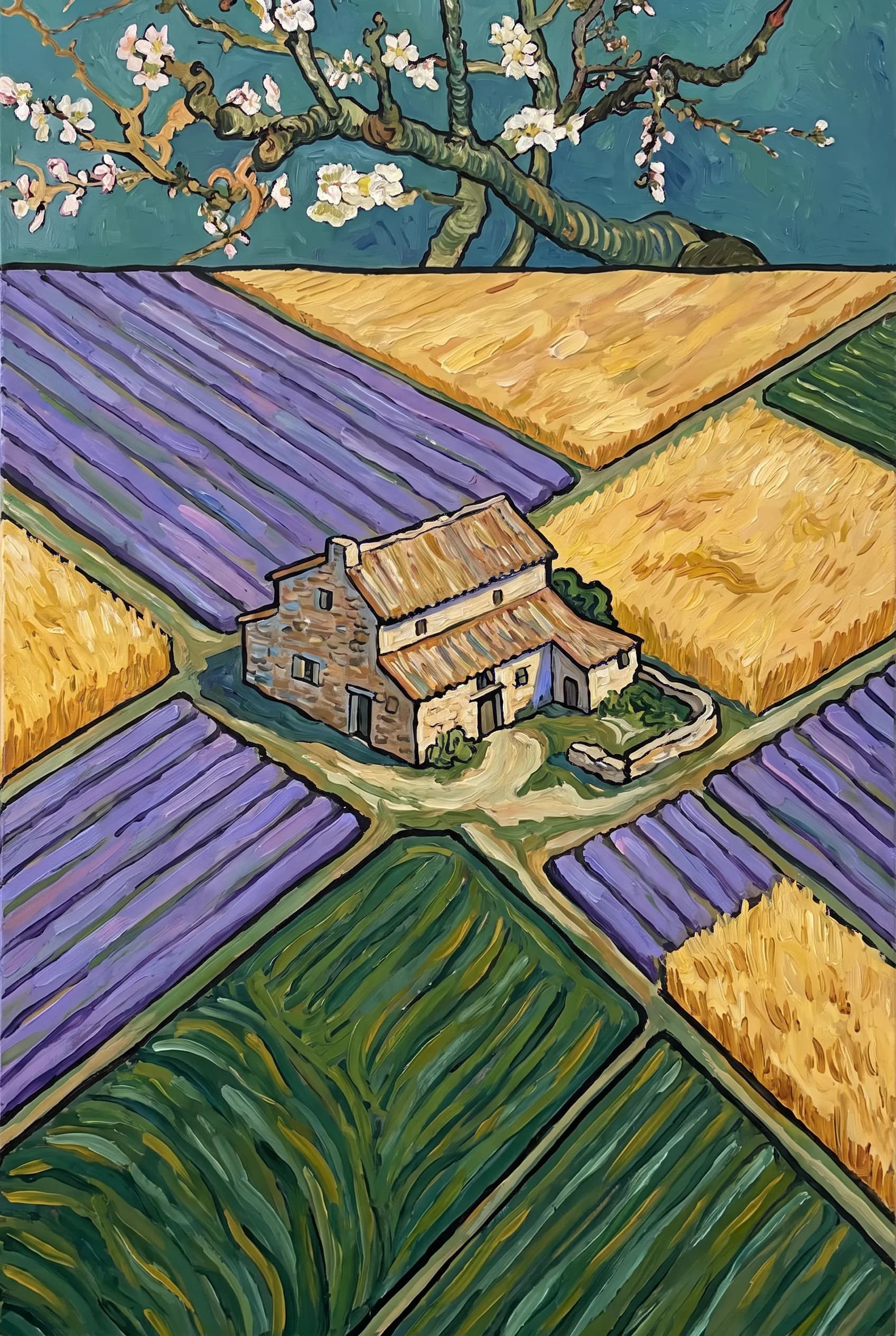 Farmhouse and lavender field seen from above with bold contours and flat color, Van Gogh art style