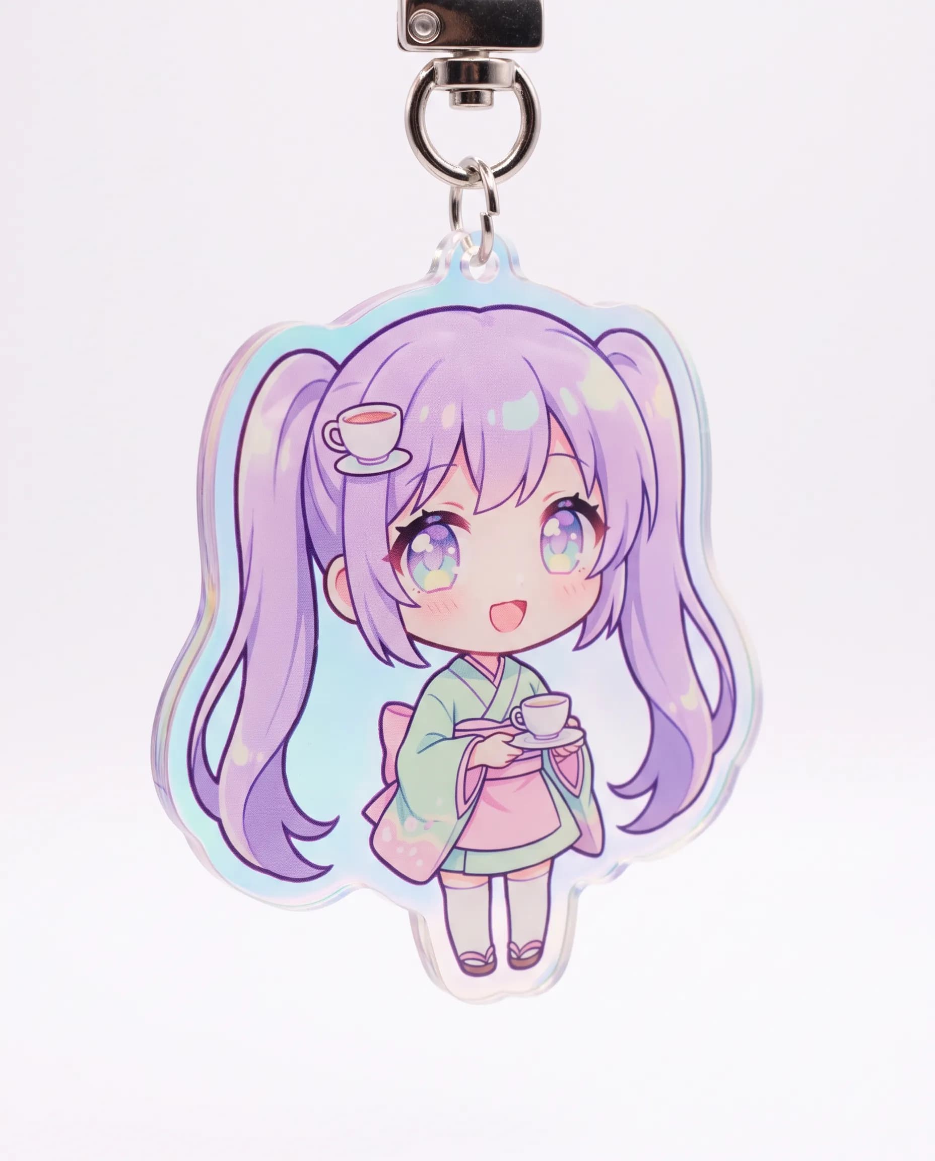 Acrylic keychain charm product photo of an original tea-shop mascot drawn in moe art style