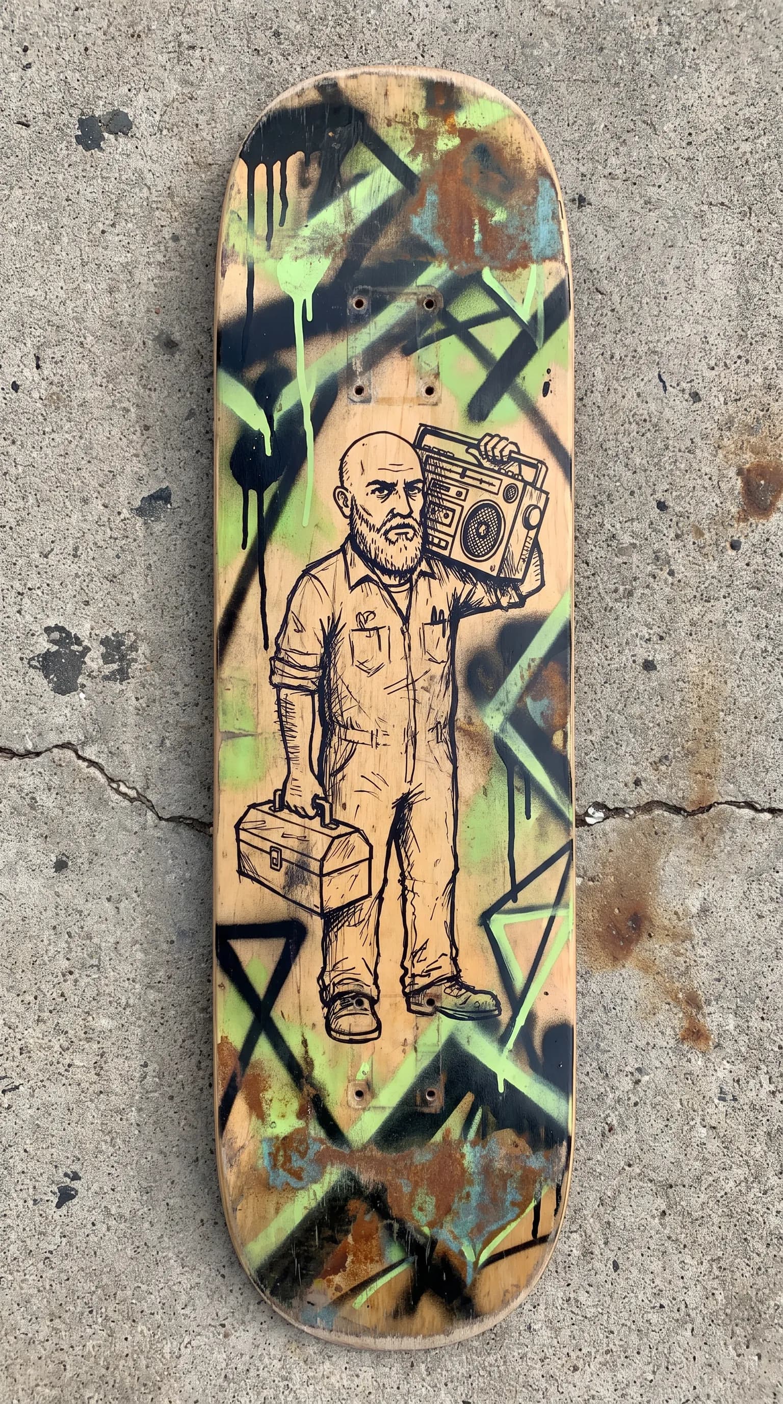 Skateboard deck graphic of an adult scrapyard mechanic with a boombox, Gachiakuta art style