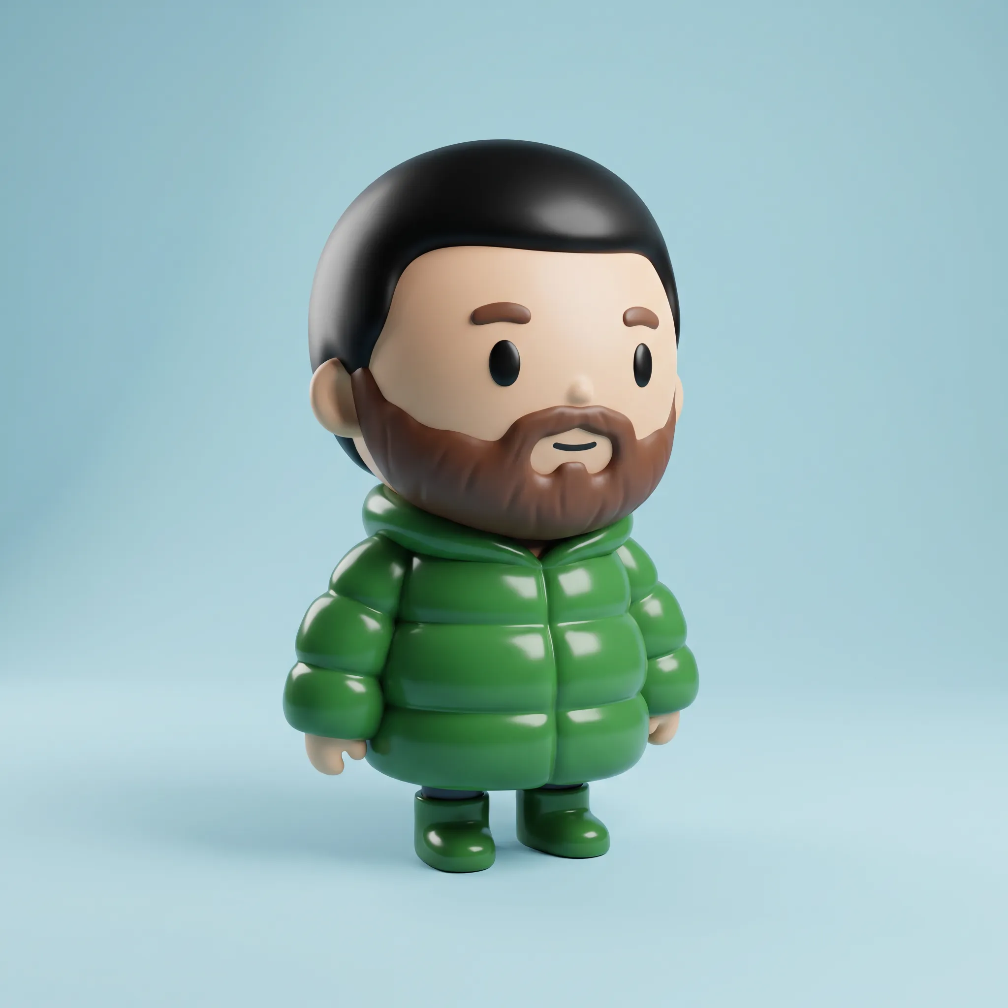 Vinyl toy figure of a bearded bookshop clerk in a green parka, 3D render in the Scott Pilgrim art style