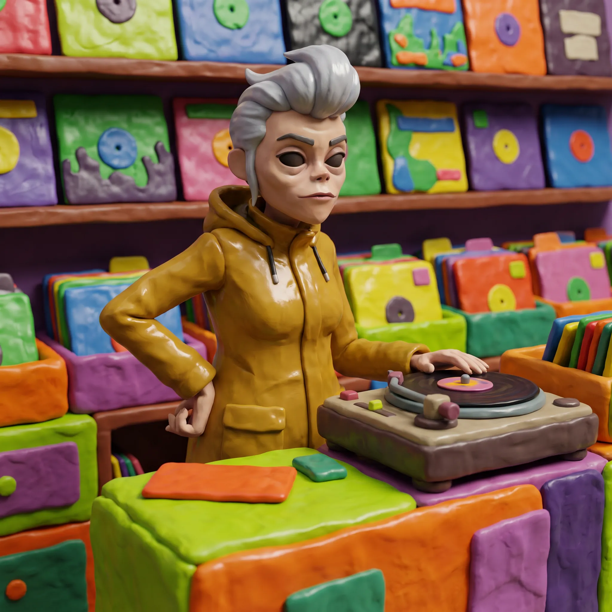 Record-shop owner in a mustard parka behind her counter, glossy plasticine 3D render in the Gorillaz art style