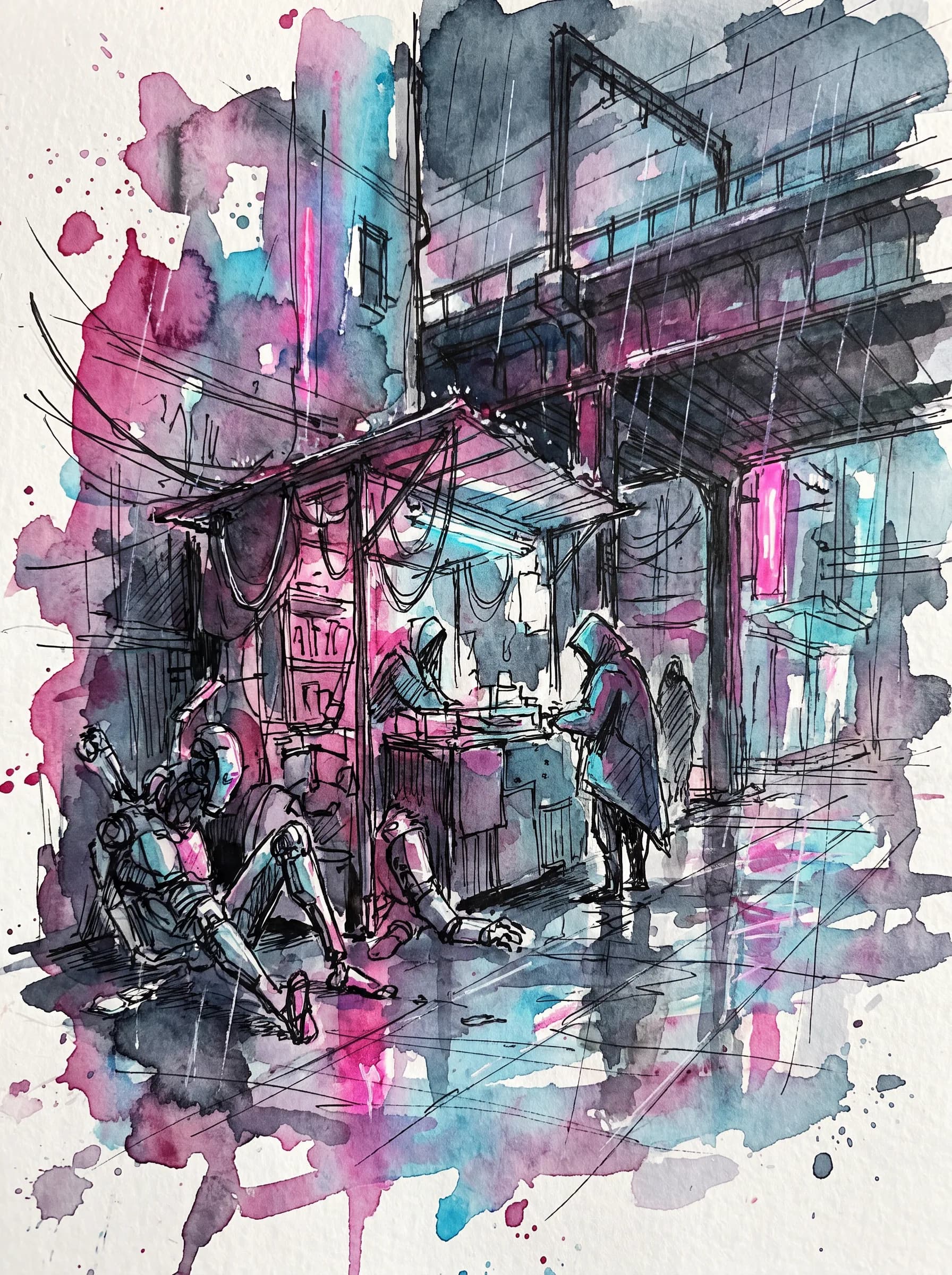 Loose watercolor and ink sketch of a rainy cybernetic arm repair stall, cyberpunk art style