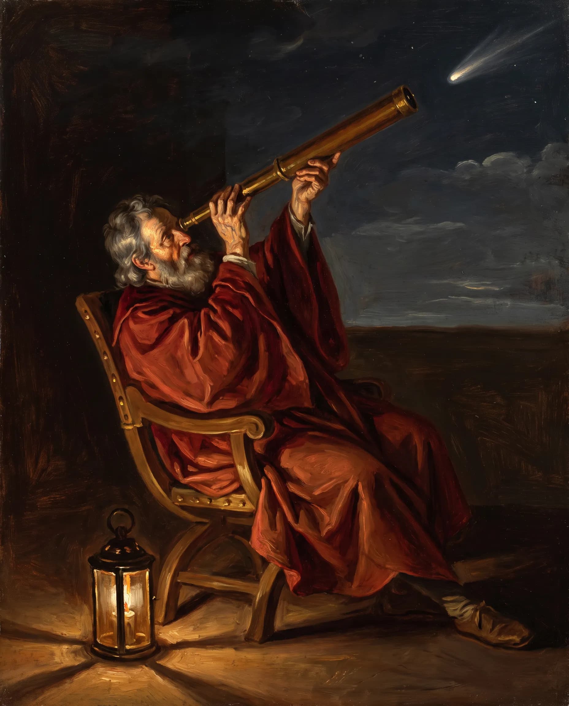 Oil painting of an astronomer aiming a brass telescope at a comet by lantern light, baroque art style