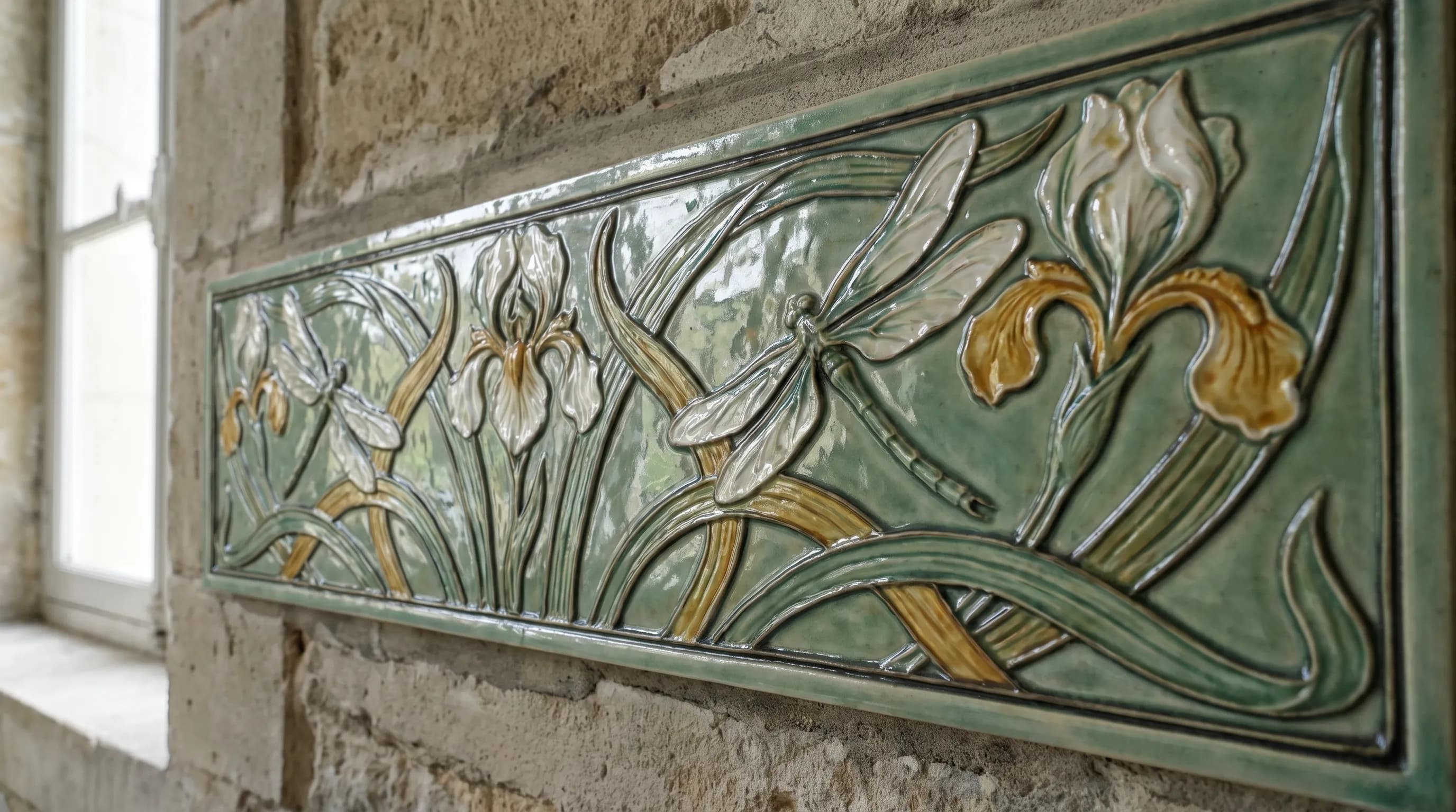 Glazed ceramic tile frieze of a dragonfly gliding between iris stalks