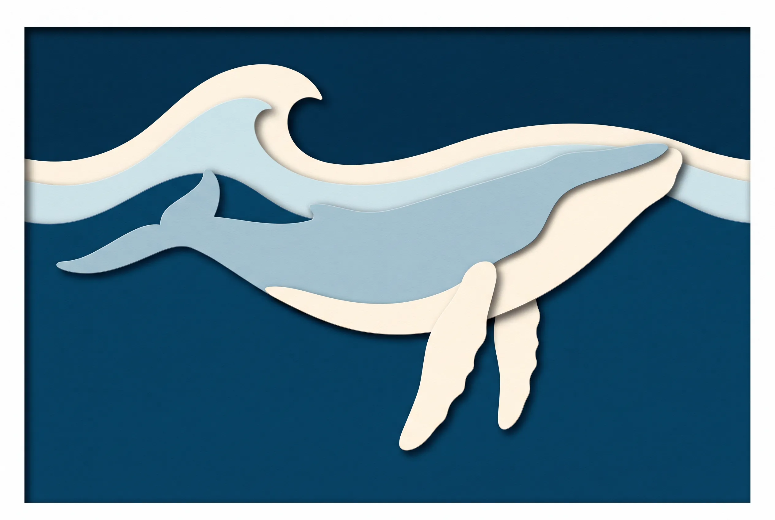 Layered cut paper humpback whale in blues and cream, cut paper art style