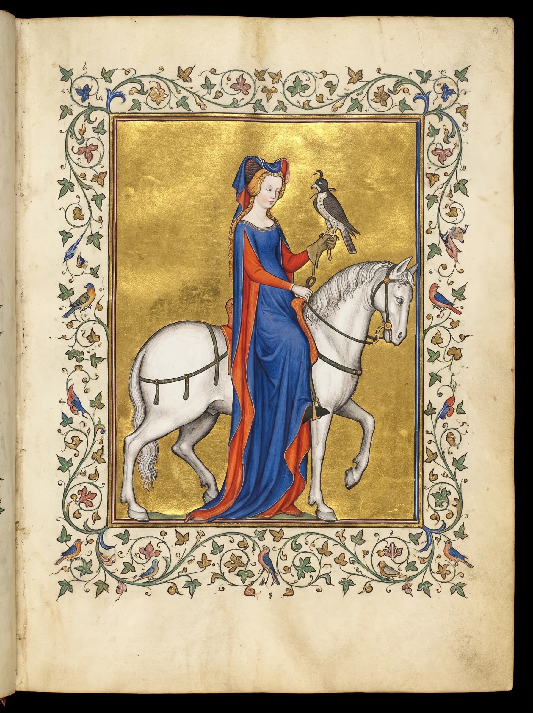 Illuminated manuscript miniature of a noblewoman falconer on a white horse, medieval art style