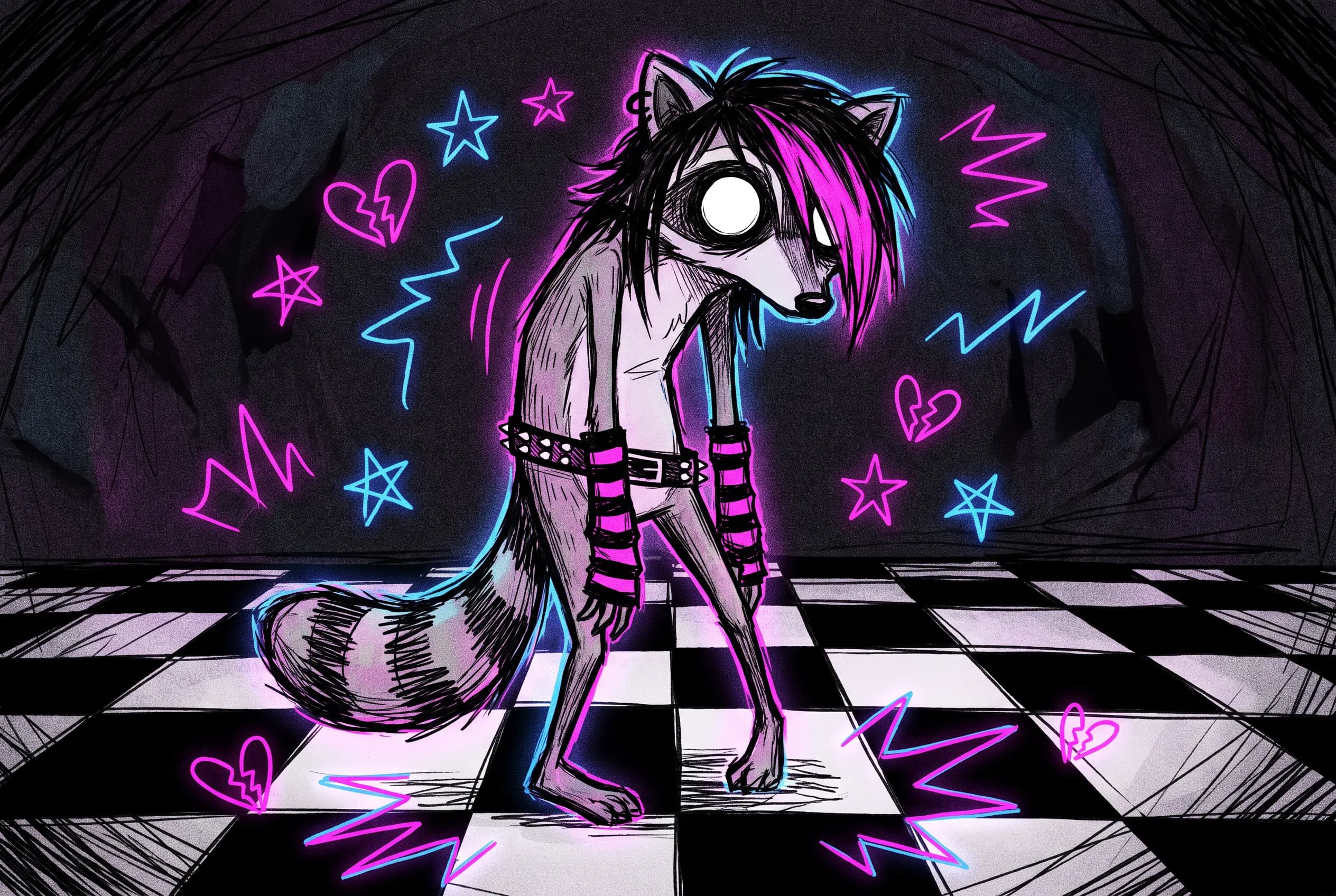 Lanky raccoon with a pink-streaked side fringe on a checkerboard floor, sketchy digital drawing in scene art style