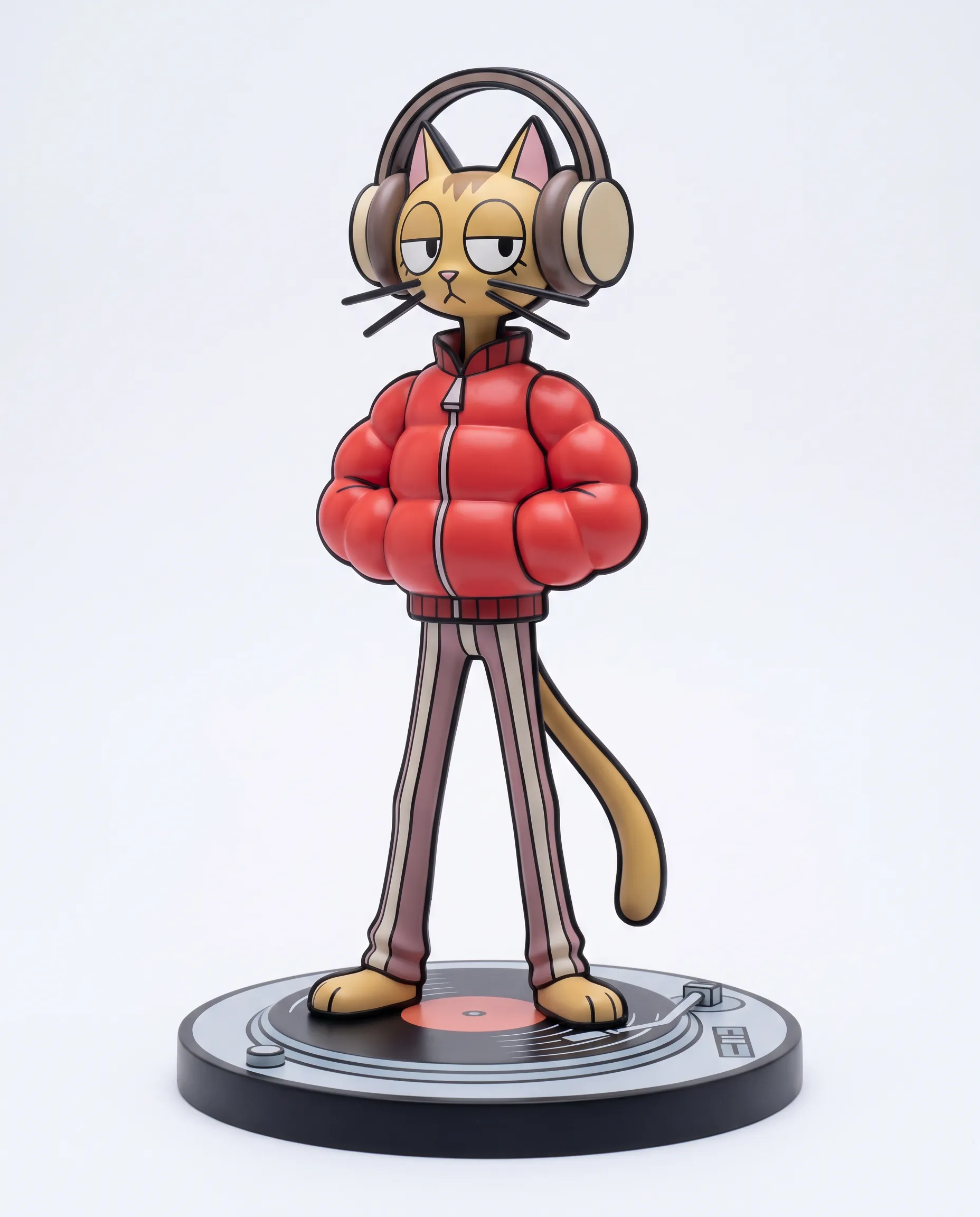 Vinyl toy figure of a lanky alley cat DJ on a turntable base, Panty and Stocking art style